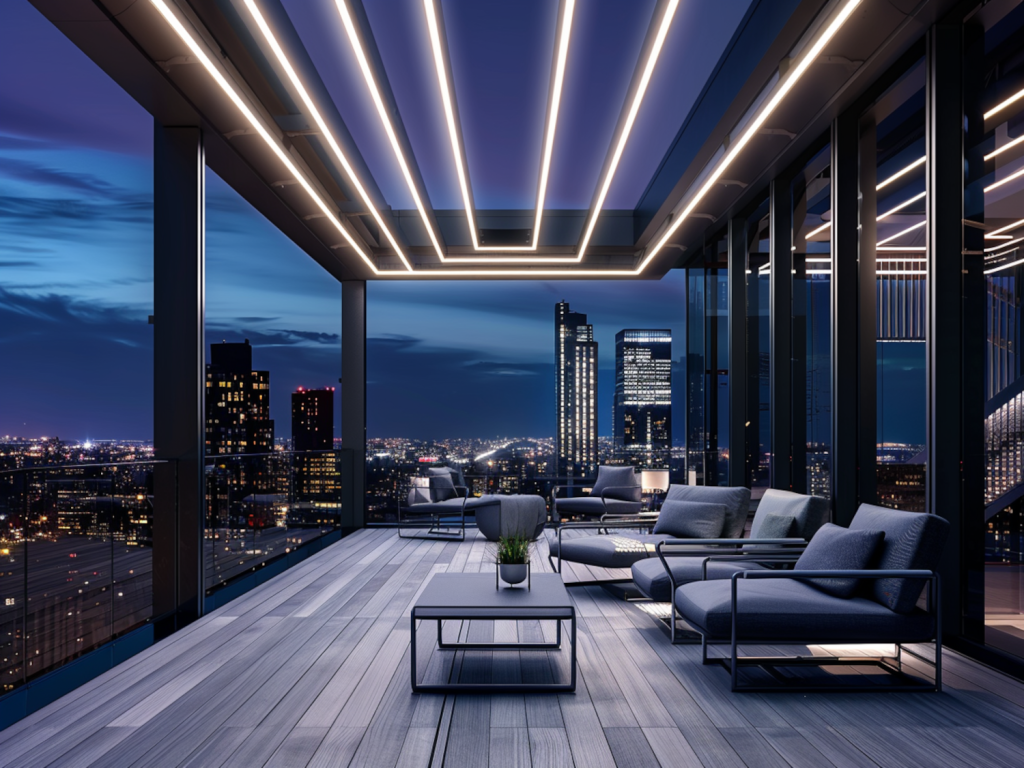 Jak urządzić balkon w stylu industrialnym z lampami LED w kształcie linii