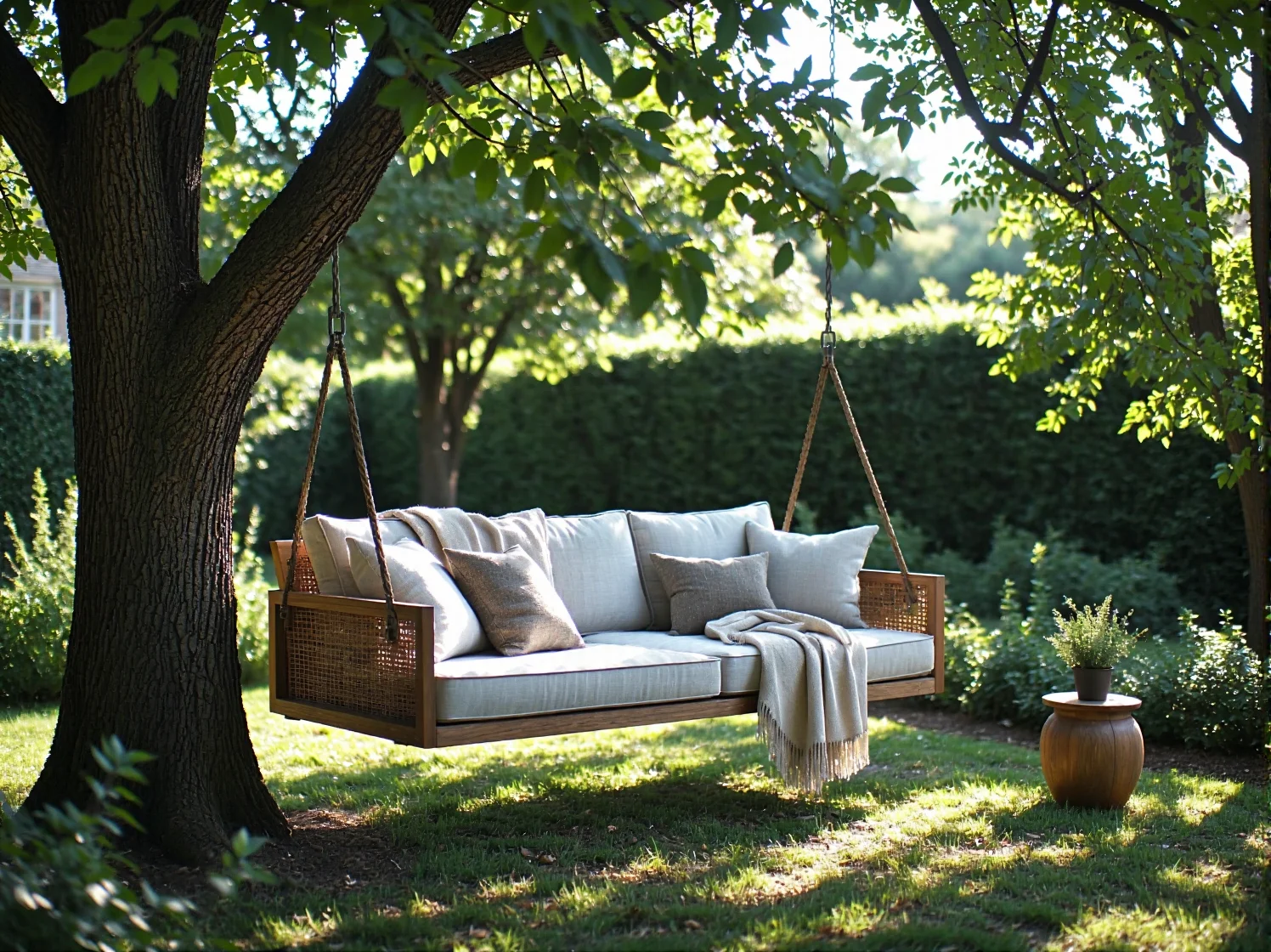 Aranżacja ogrodu w stylu angielskim z drewnianymi i żeliwnymi meblami, kamienną ścieżką i bogactwem kwiatów.