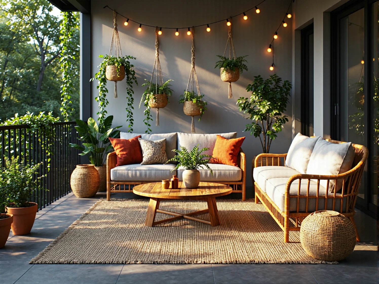 Rattanowy zestaw wypoczynkowy ogrodowy z jasnym tapicerowanym siedziskiem