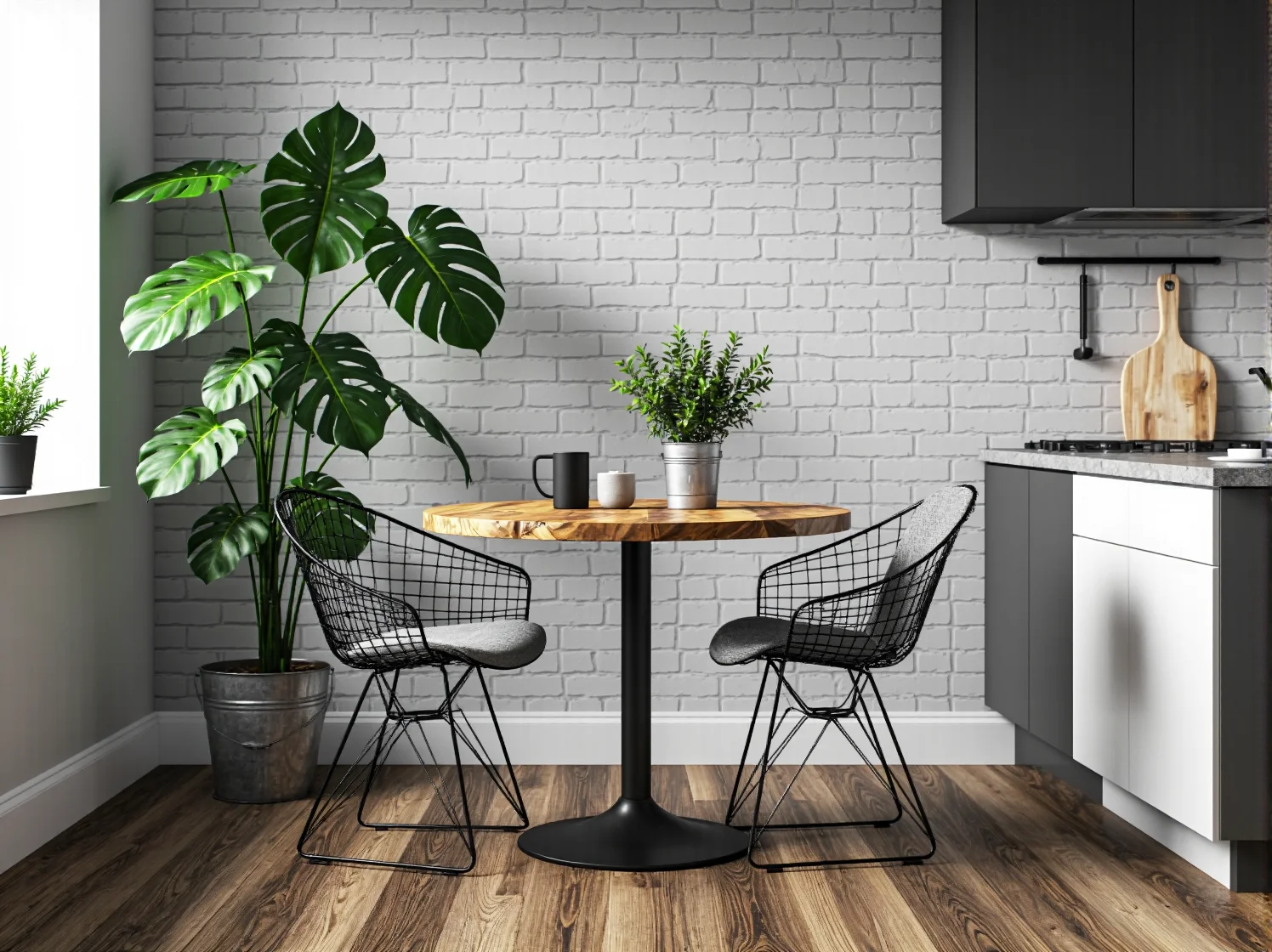 Beton architektoniczny i zieleń w nowoczesnej aranżacji kuchni industrialnej.