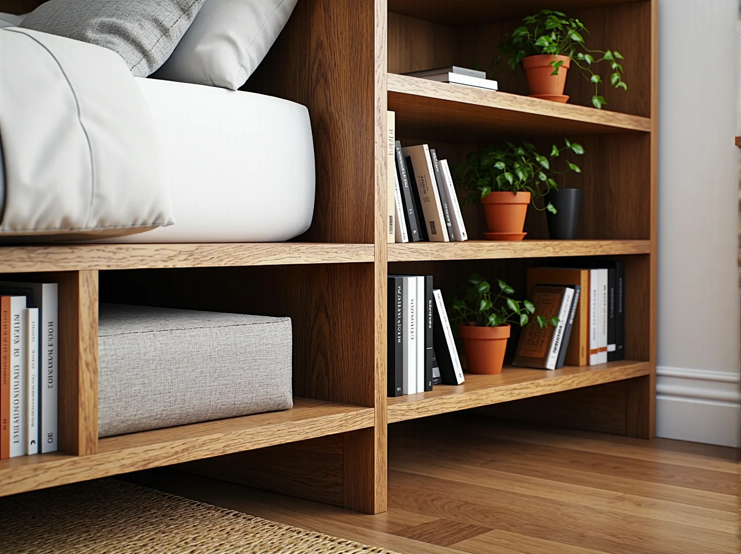 Praktyczna sypialnia z łóżkiem wyposażonym w pojemne schowki i boczne półki.