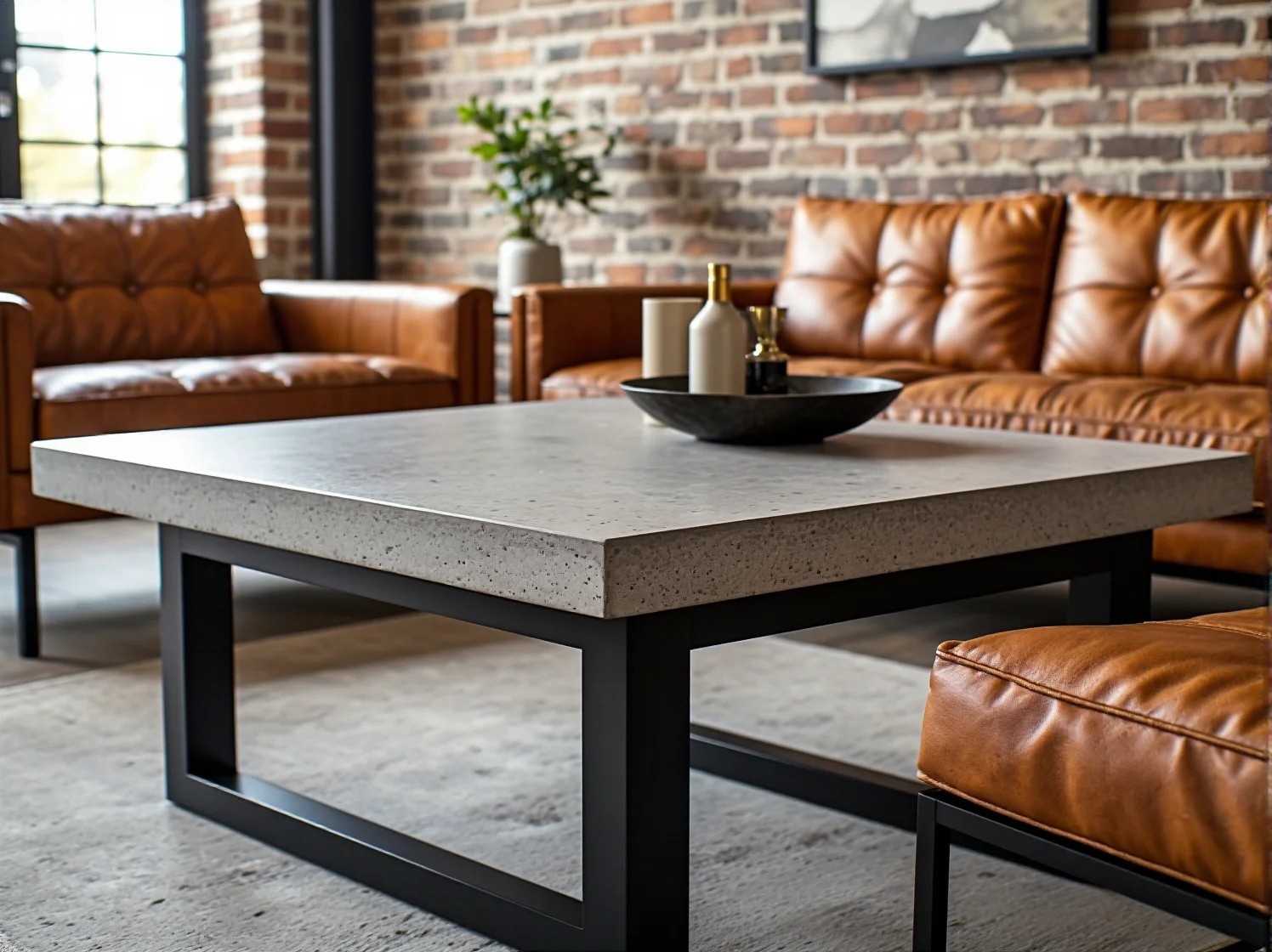 Ściana z czerwonej cegły i czarne metalowe regały jako kluczowe elementy wnętrza loftowego