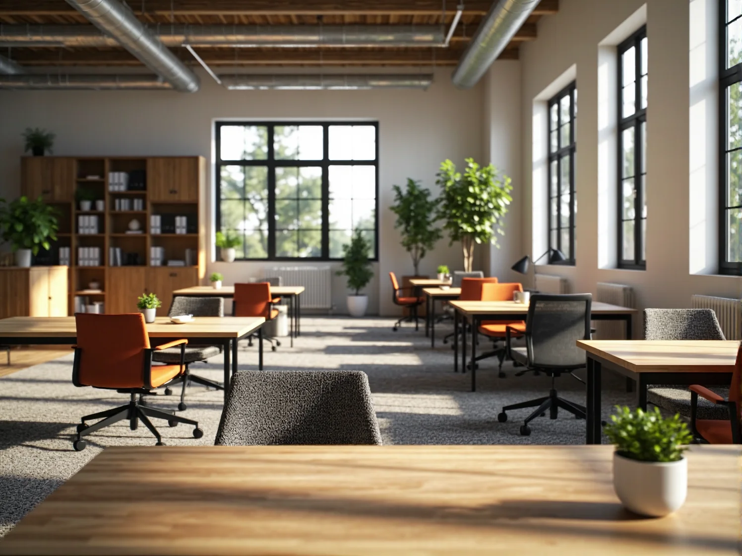 Biurka dębowe z metalowymi nogami i fotele obrotowe pomarańczowo-szare