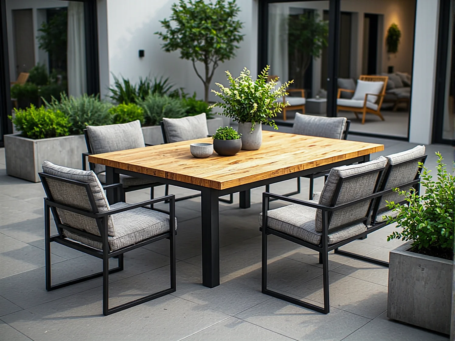 Stół ogrodowy drewniany z metalową ramą i szare krzesła