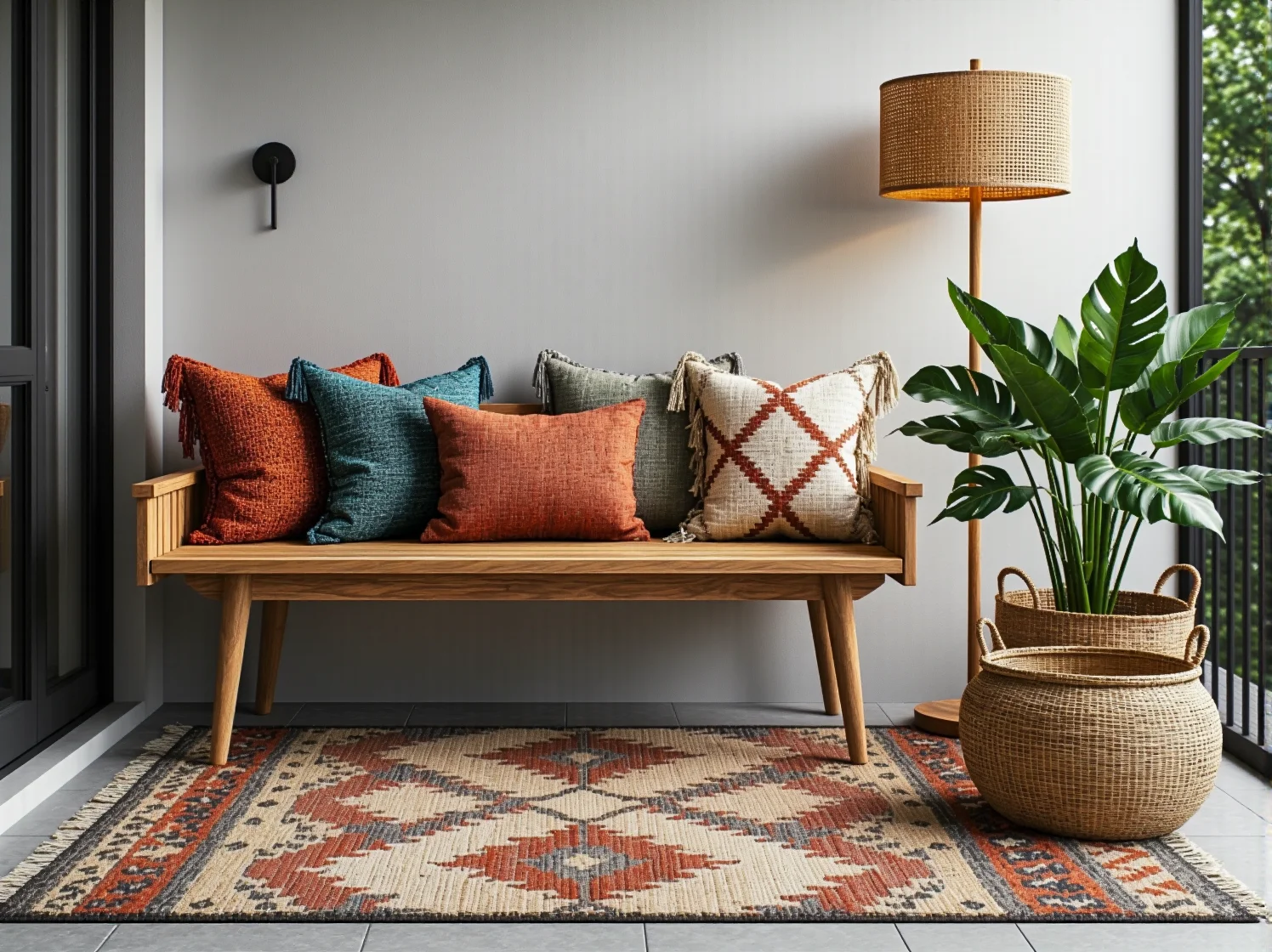 Klimatyczne dodatki boho i lampiony w strefie relaksu na balkonie