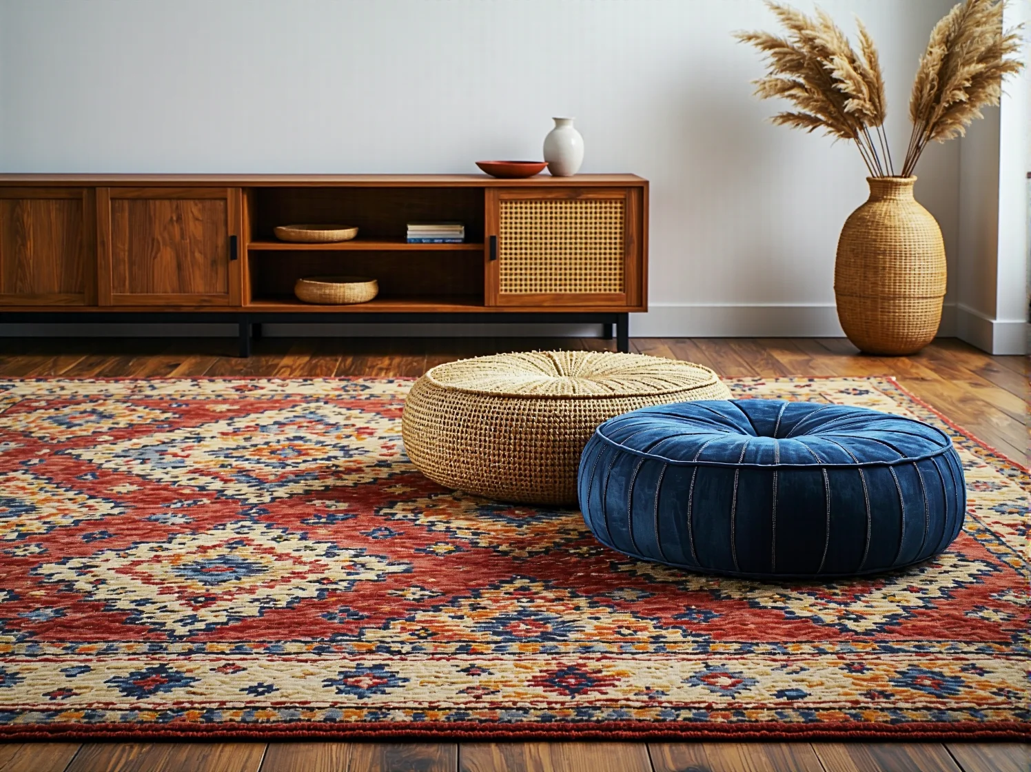 Rośliny doniczkowe i poduszki z frędzlami jako dodatki do salonu boho.