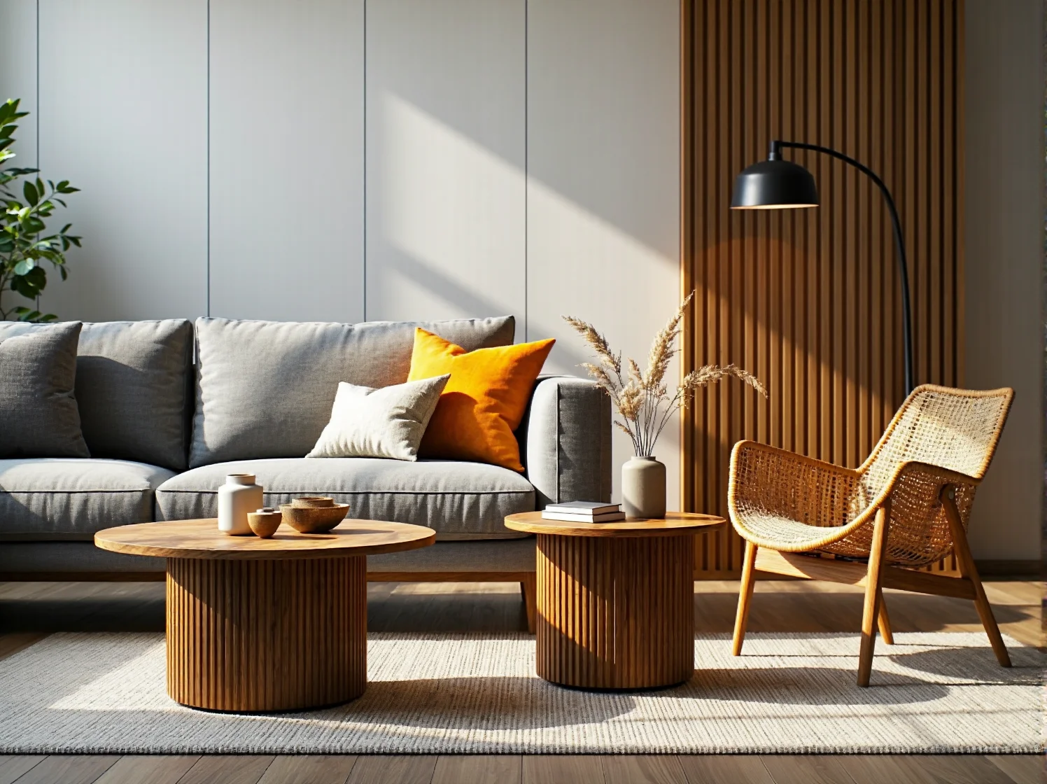 Drewniana lampa sufitowa nad stołem w jasnym wnętrzu scandi.