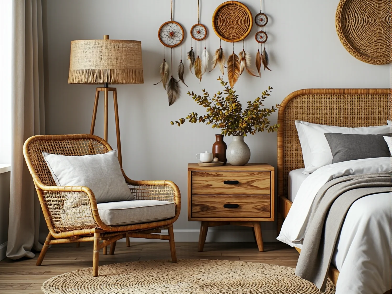 Drewniane łóżko z naturalnymi tekstyliami w sypialni urządzonej w stylu boho.