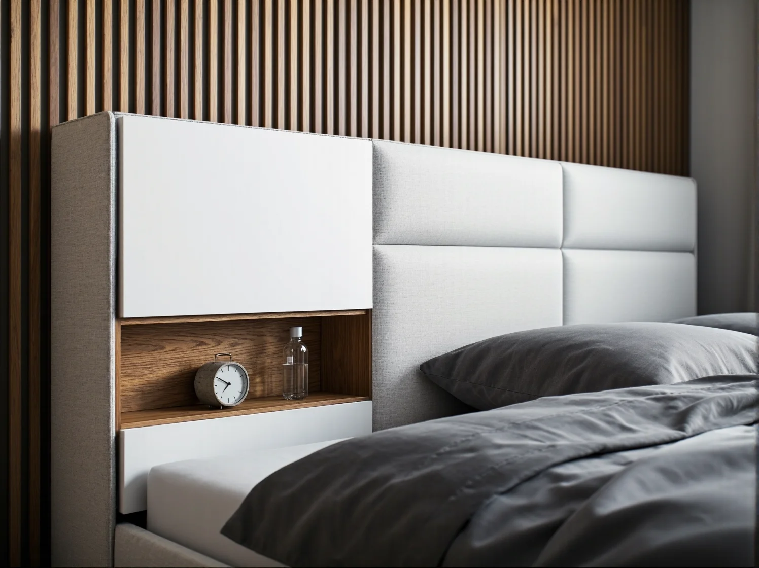 Białe łóżko wielofunkcyjne z półkami na książki oszczędzające miejsce.