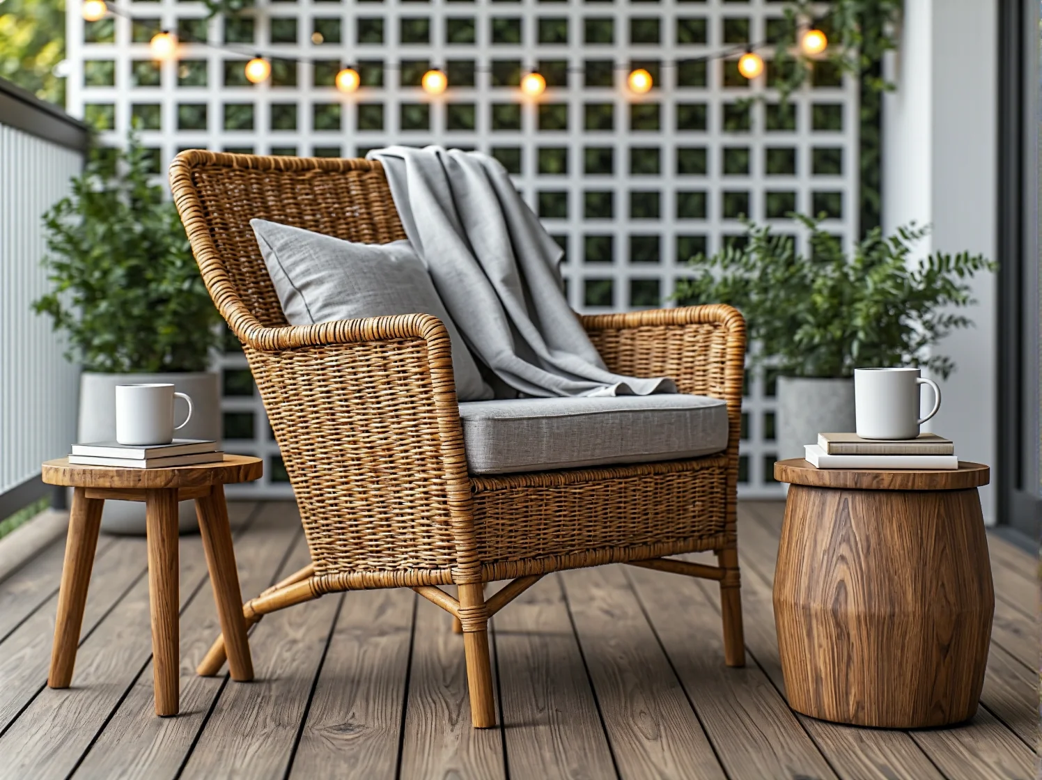 Drewniane krzesła i stolik na balkonie ozdobionym świecącymi kulami LED i zielonymi roślinami.