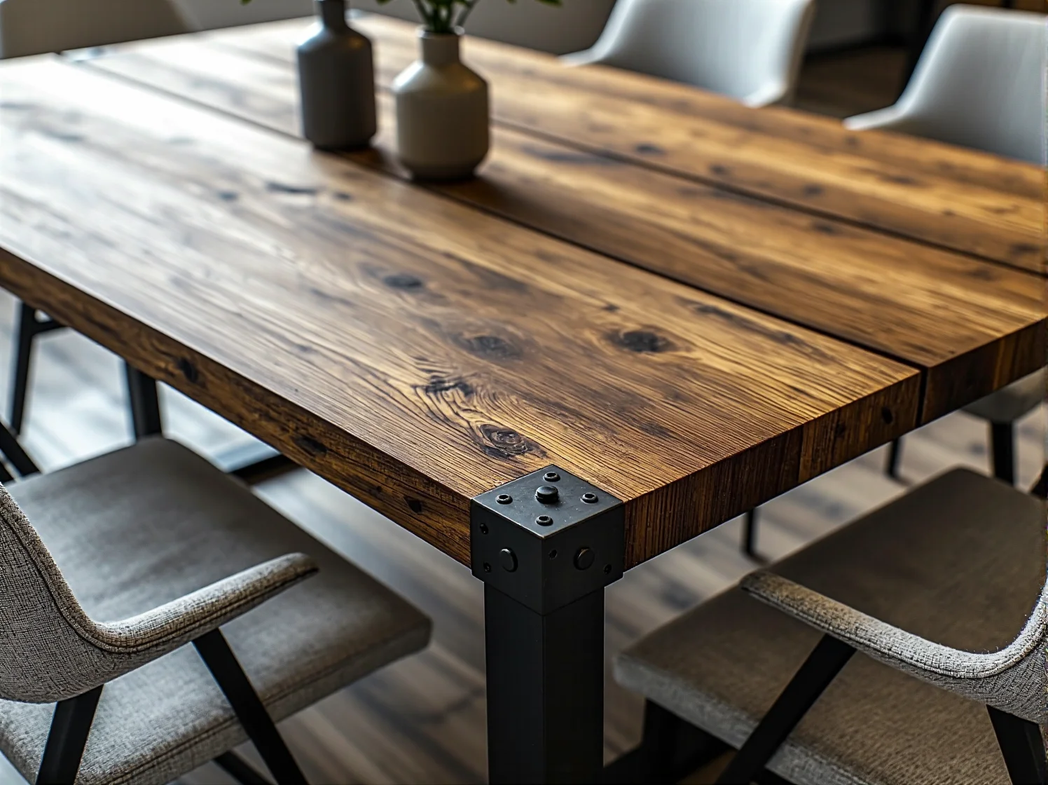 Drewniano-metalowy stół ogrodowy loft idealny do strefy relaksu na zewnątrz.