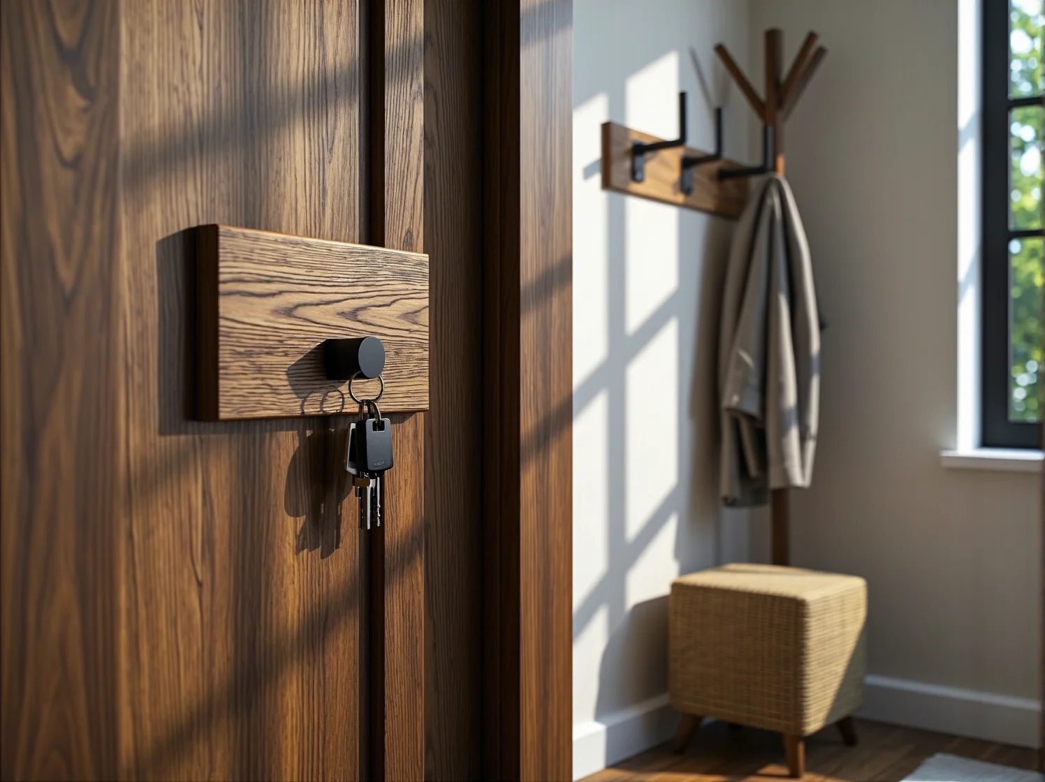 Zbliżenie na gotowy wieszak z drewna, pokazujące unikalną fakturę materiału i zamontowane haczyki.