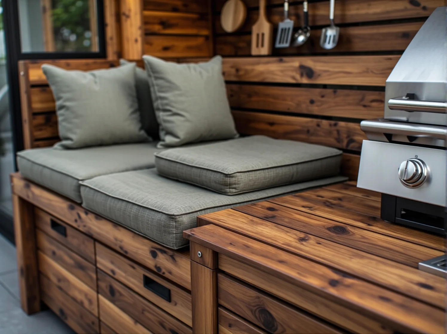 Duży stół i wygodne krzesła do biesiadowania przy grillu.