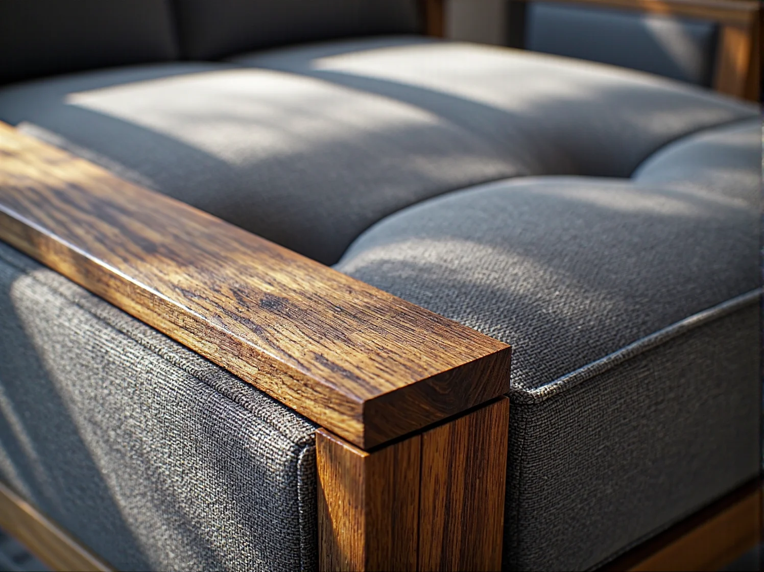 Szary fotel tapicerowany z drewnianym podłokietnikiem dębowym