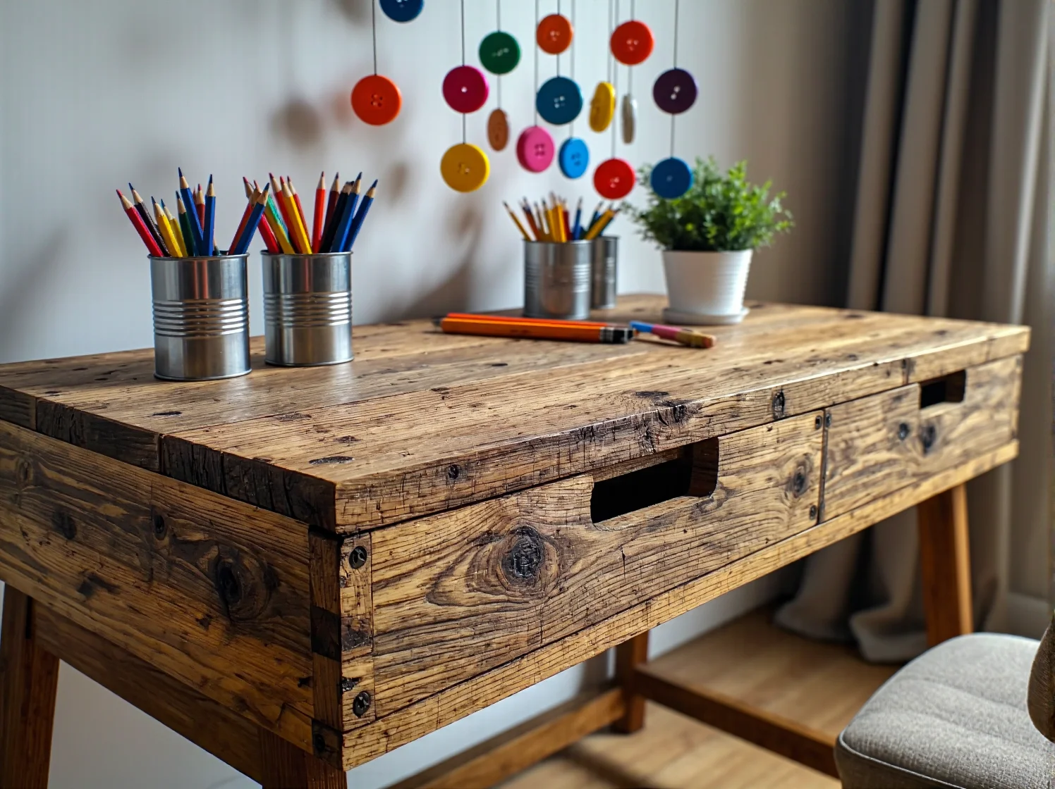 Ekologiczne meble z palet w jasnym pokoju dla dziecka na tle lnianych zasłon.