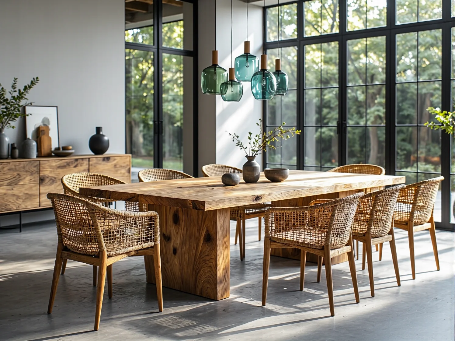 Duży stół jadalniany z litego drewna dębowego z rattanowymi krzesłami