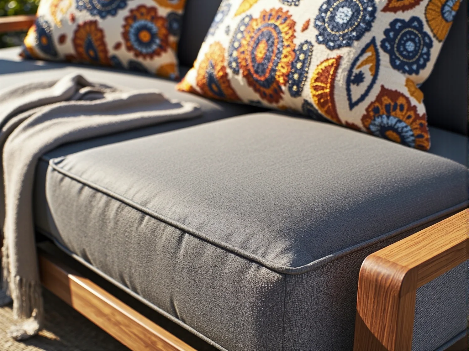 Zbliżenie na luksusową sofę tarasową glamour z wodoodpornego weluru i metalową podstawą.