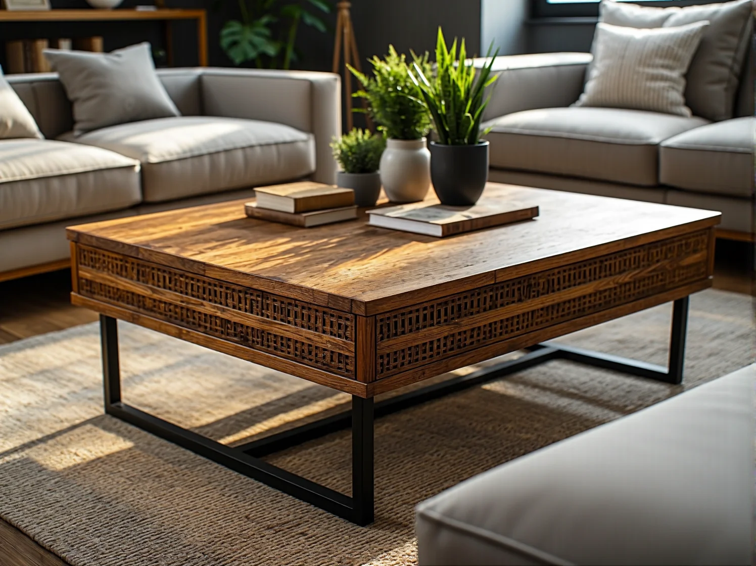 Wygodny fotel bambusowy w jasnym wnętrzu boho pełnym roślin doniczkowych.