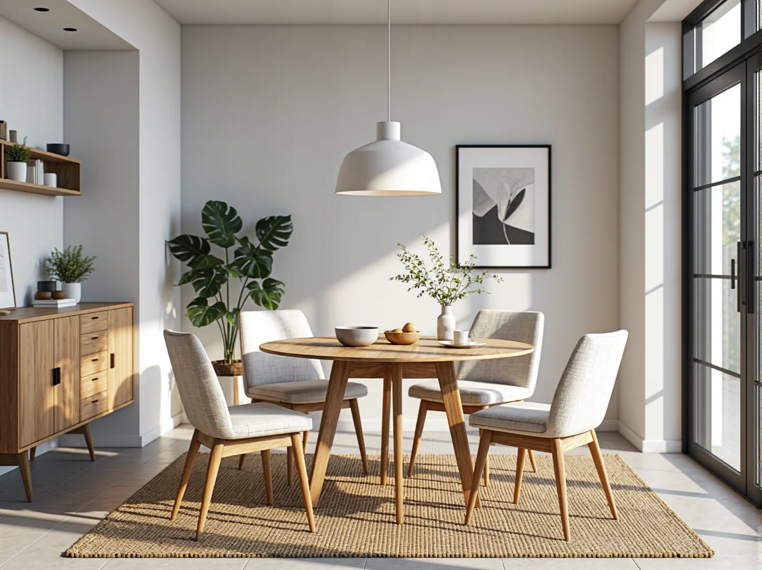 Jasne ściany i drewniana podłoga jako baza aranżacji małej jadalni, inspirowanej stylem skandynawskim.