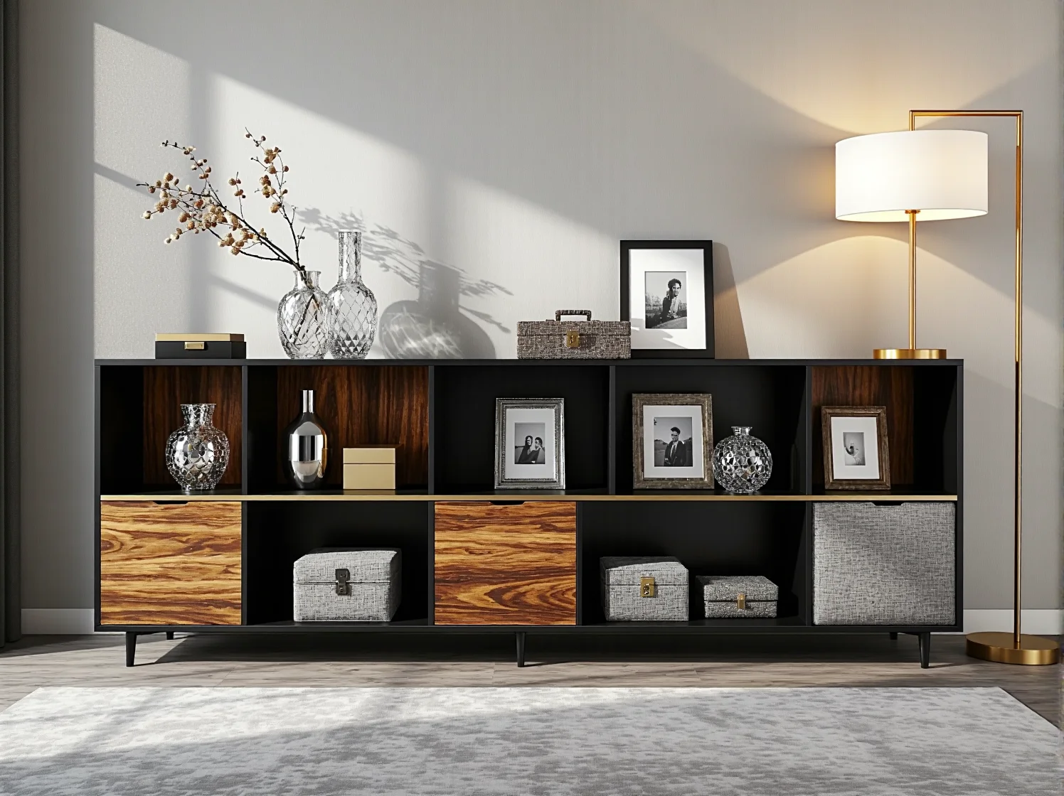 Funkcjonalne łączenie elementów mebli modułowych w luksusowym wnętrzu.