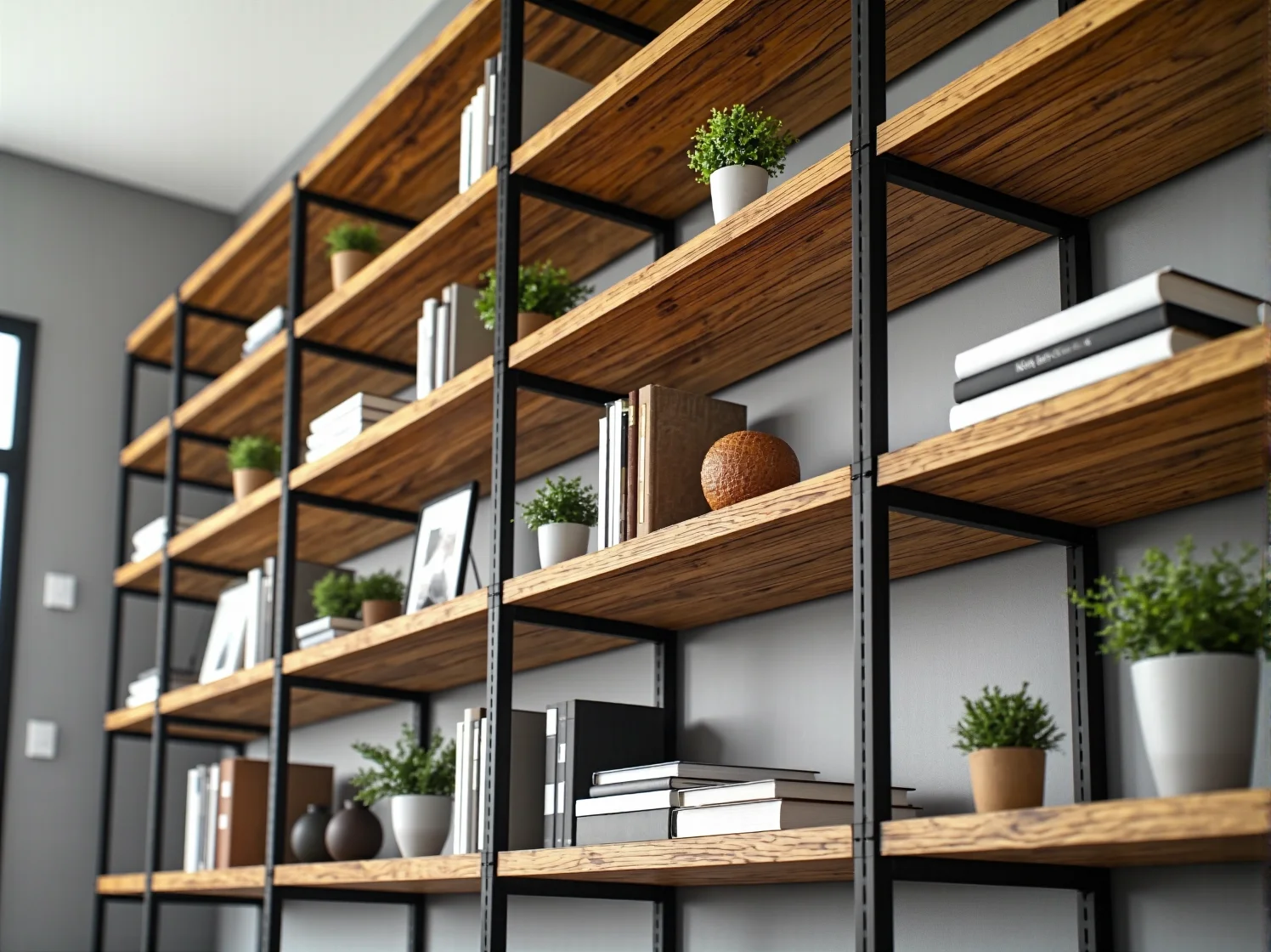 Praktyczny regał industrialny w salonie, idealny do przechowywania książek i loftowych dekoracji.