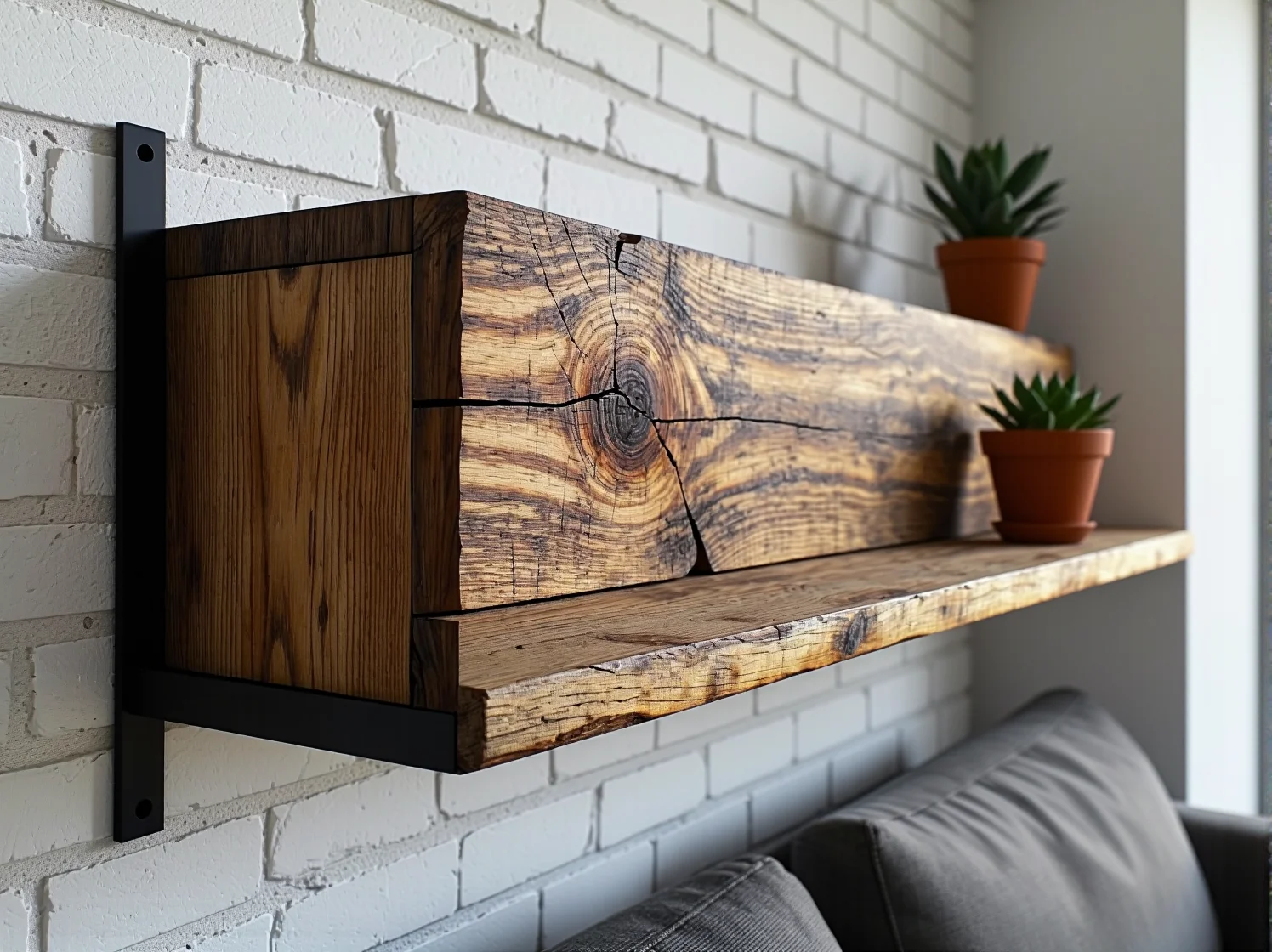 Gotowa ekologiczna półka z recyklingu zawieszona na ścianie w jasnym salonie. Zrób to sam krok po kroku.