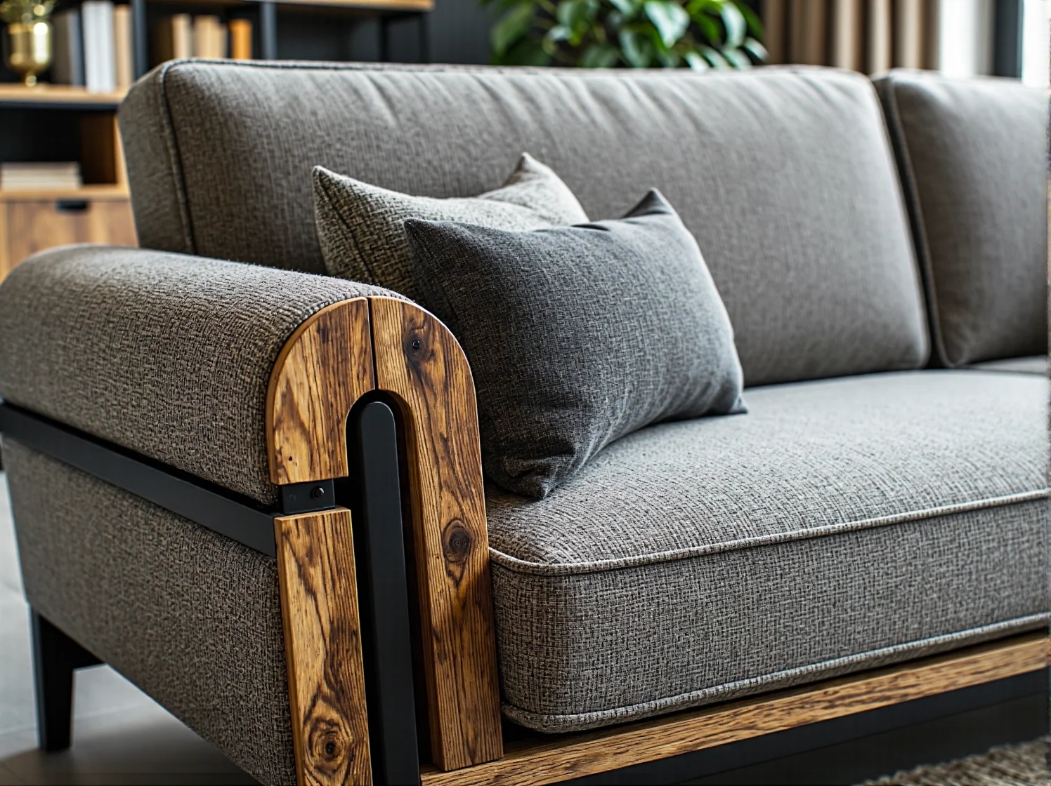 Detale industrialne: czarne metalowe uchwyty i druciany kosz na tle jasnego drewna w stylu scandi.