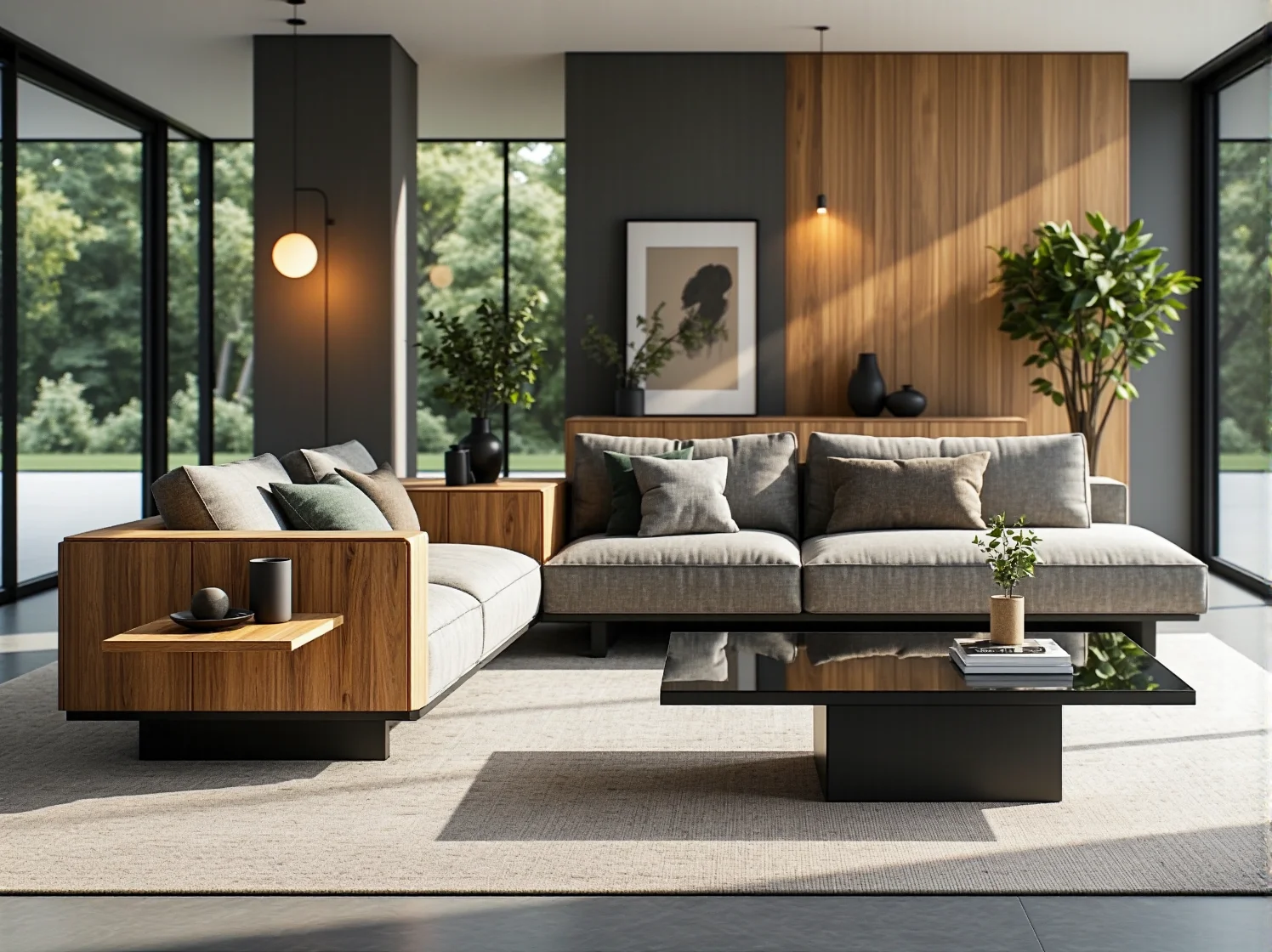 Nowoczesna sofa narożna szara z drewnianymi elementami bocznymi