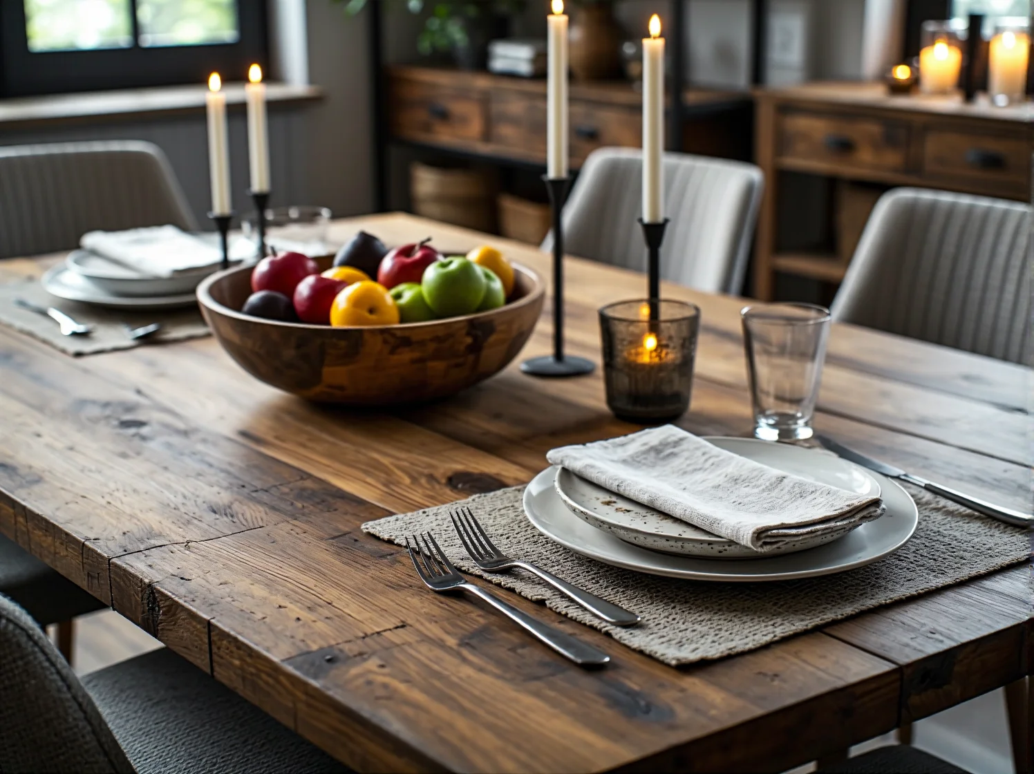 Inspiracja na rustykalną jadalnię z naturalnym drewnem i eleganckimi dodatkami.