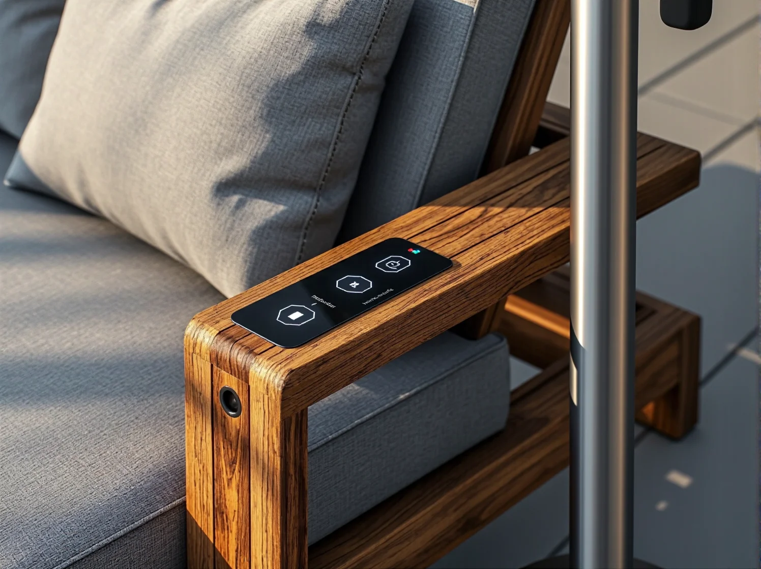 Zestaw wypoczynkowy do ogrodu z funkcją ładowania indukcyjnego i wbudowanymi głośnikami.