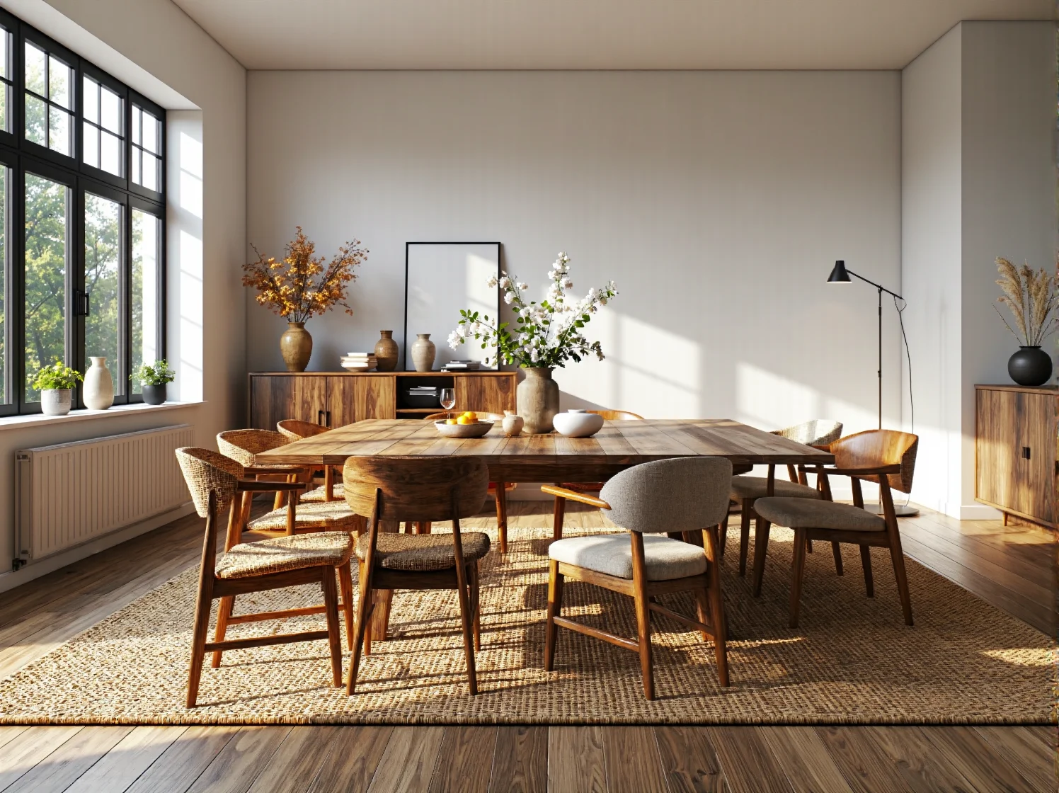 Drewniany stół jadalniany z kompletem tapicerowanych krzeseł