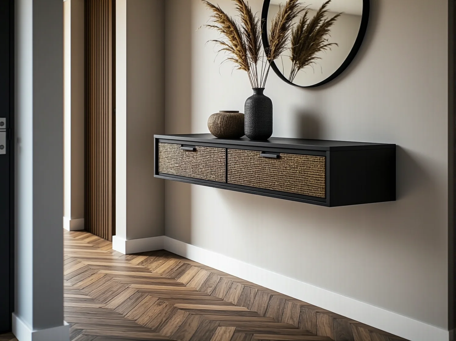 Funkcjonalne półki wiszące zamontowane nad kanapą w niewielkim pokoju dziennym, oszczędzające miejsce.