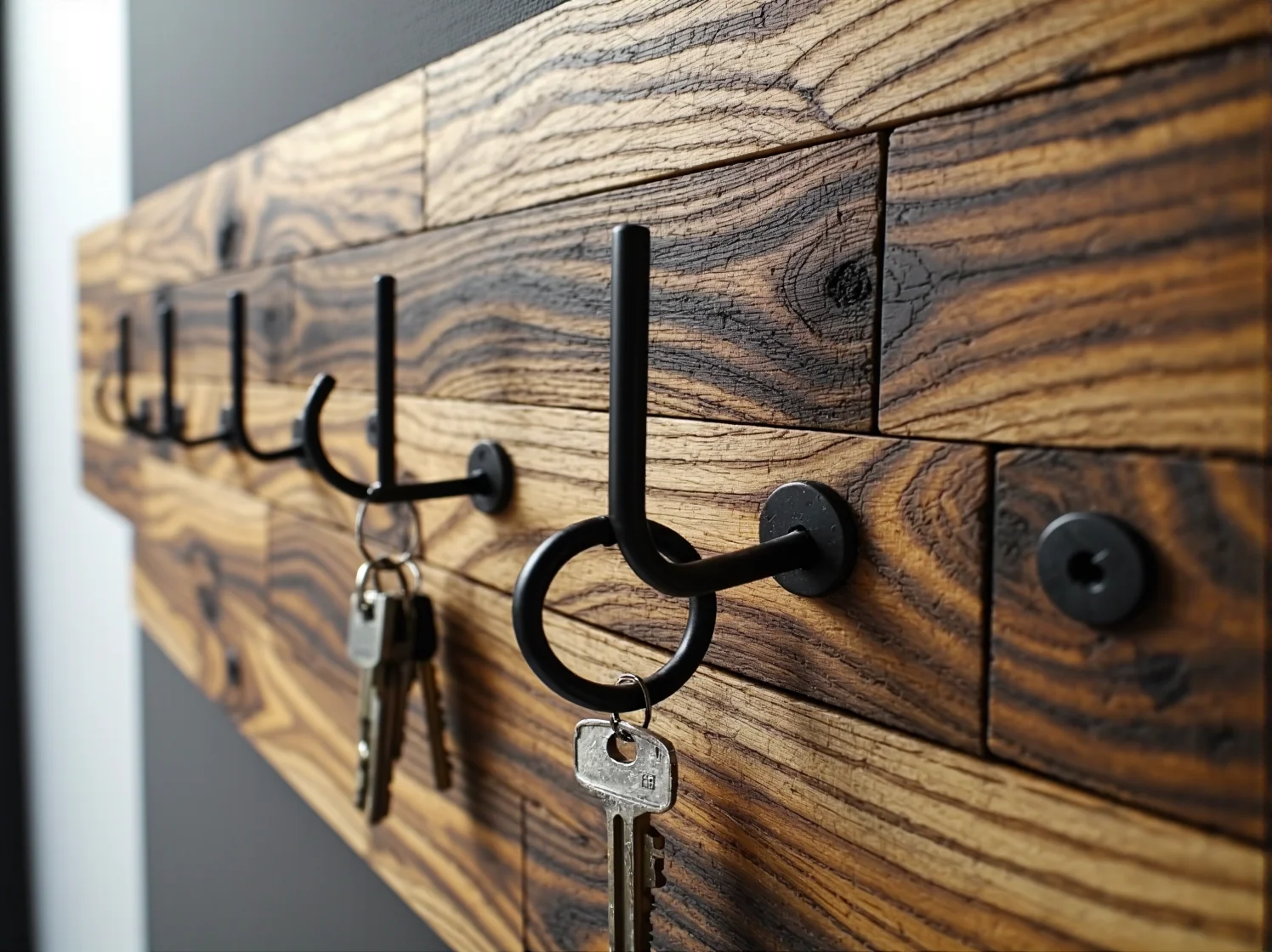 Materiały do projektu DIY: resztki drewna, haczyki i narzędzia do zrobienia wieszaka na klucze.