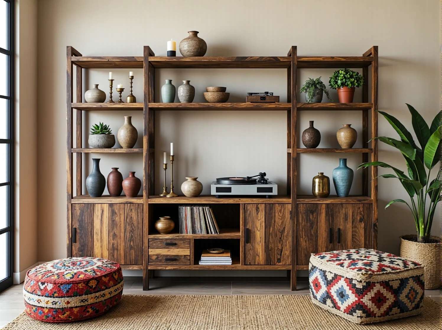 Jasne kolory i lustro optycznie powiększające mały salon w stylu boho.