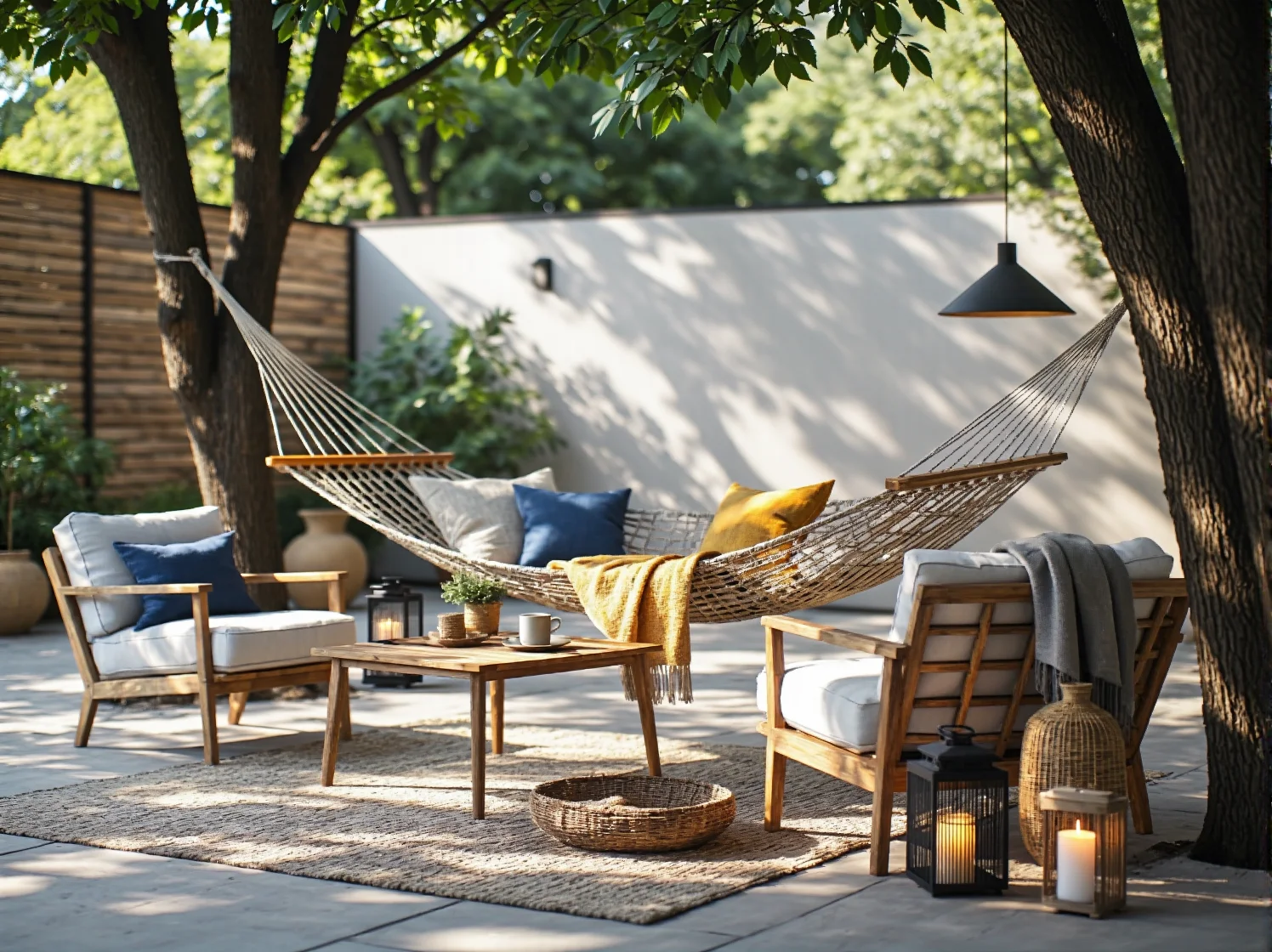 Kącik wypoczynkowy z rattanowym fotelem pawi i makramą na ścianie boho.