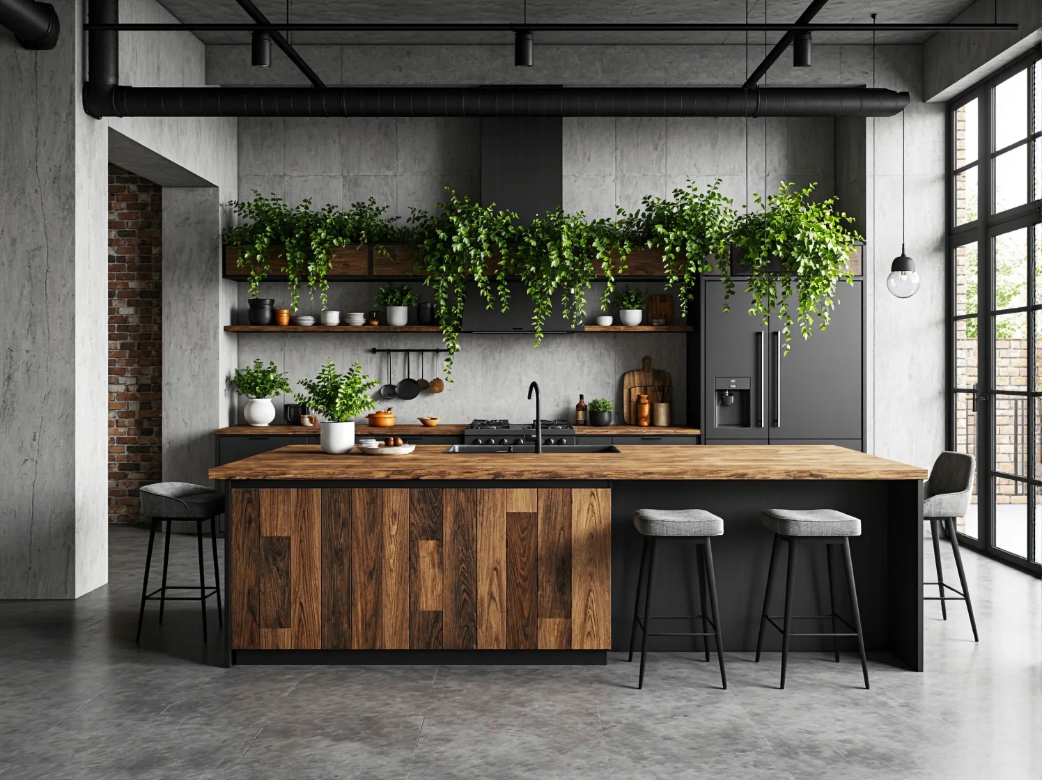 Wyspa kuchenna z drewnianym blatem i grafitową ramą loftową