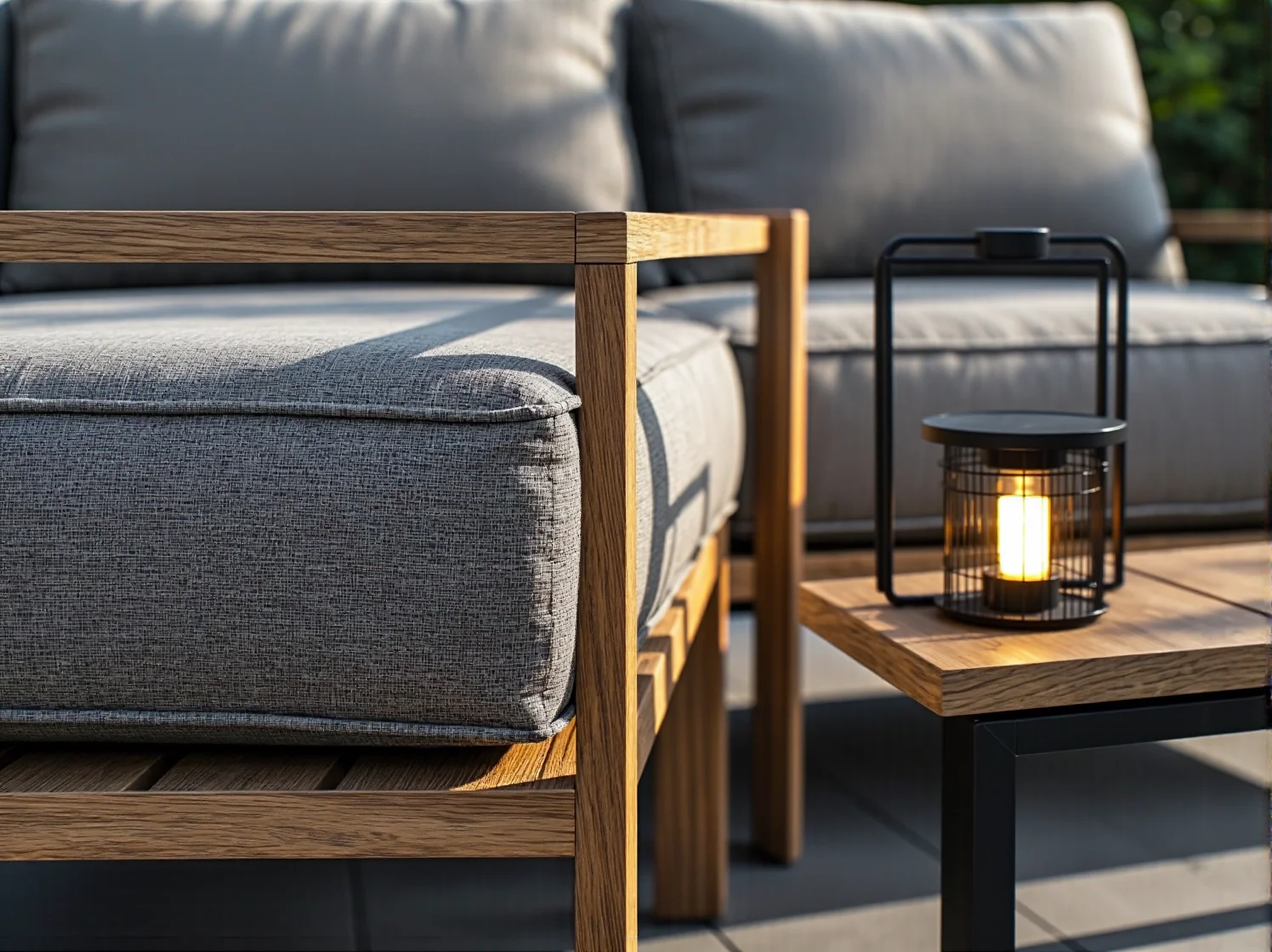 Sofa ogrodowa szara z drewnianą ramą i stolikiem kawowym