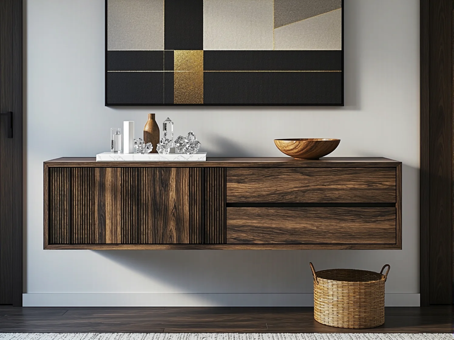 Luksusowa łazienka glamour ocieplona elementami i roślinami japandi.