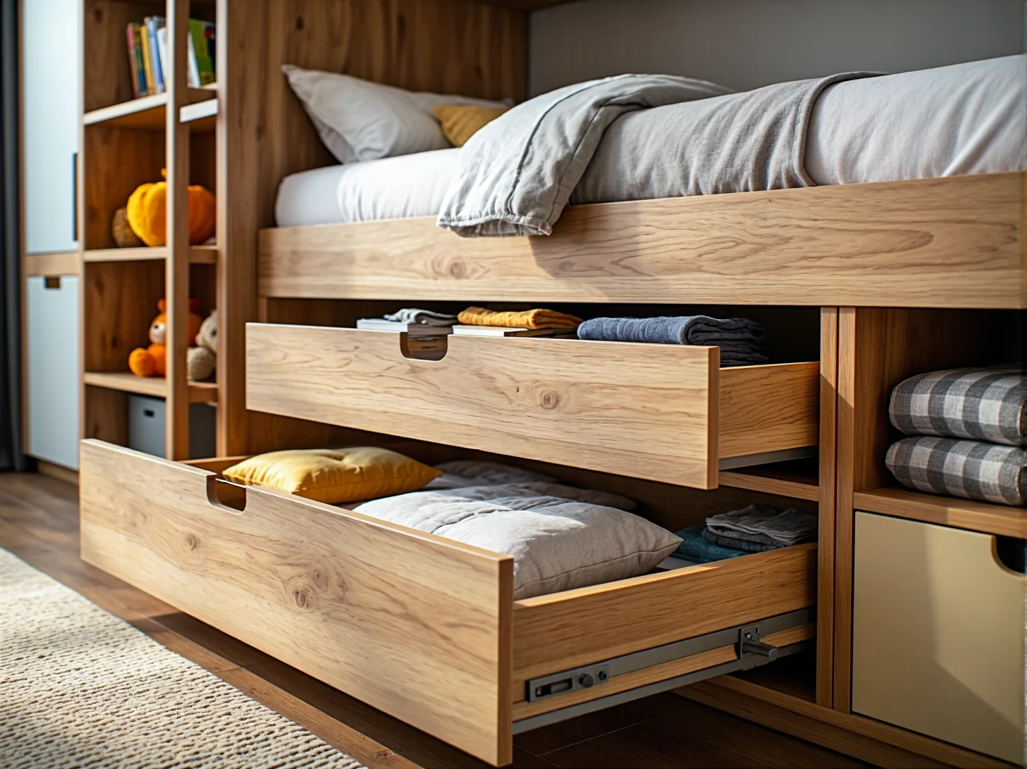 Praktyczne łóżko piętrowe z biurkiem, idealne do małego pokoju dziecięcego i nauki.