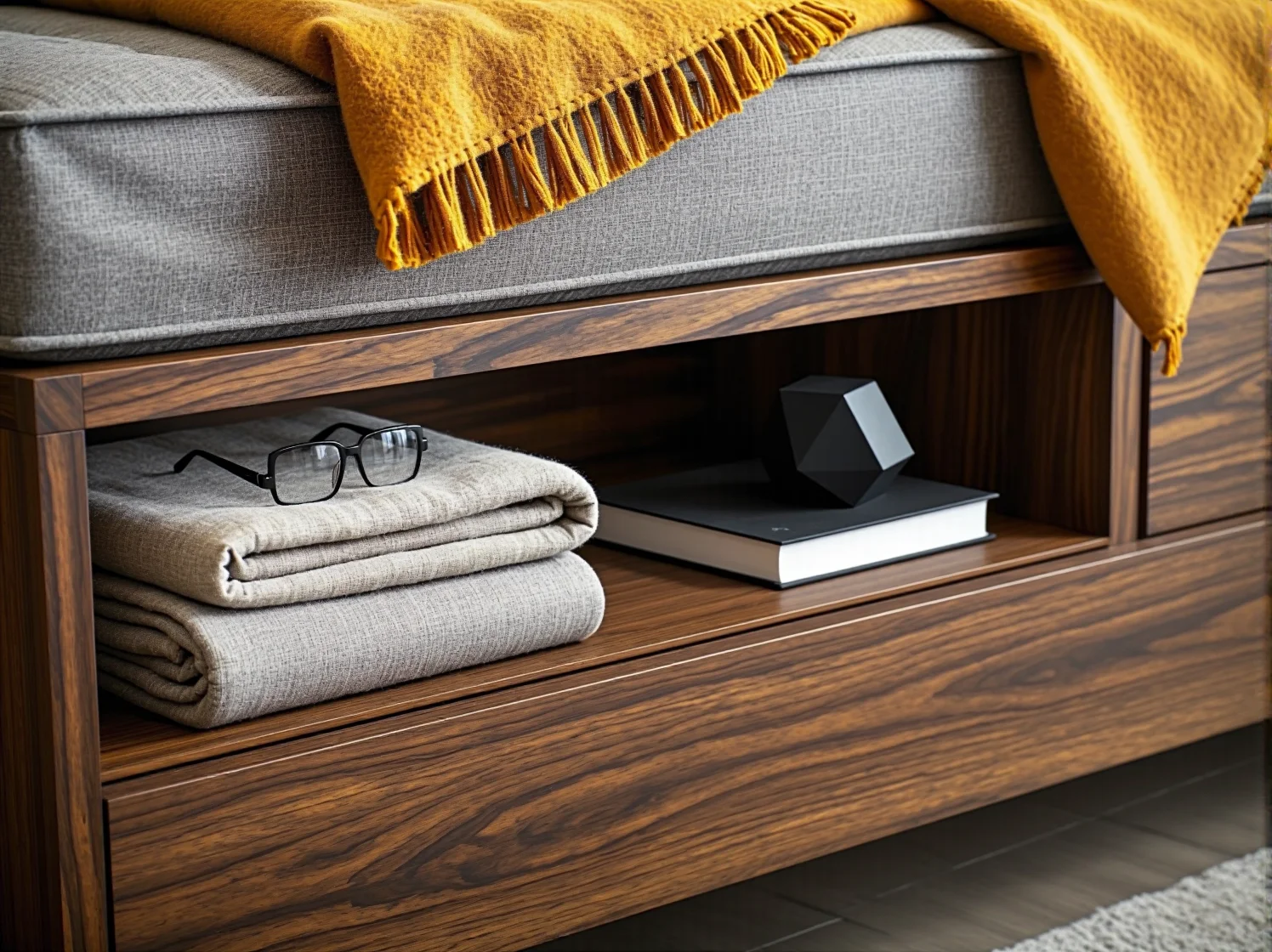 Drewniane łóżko z szufladami i regałem w zagłówku idealne do małego pokoju.