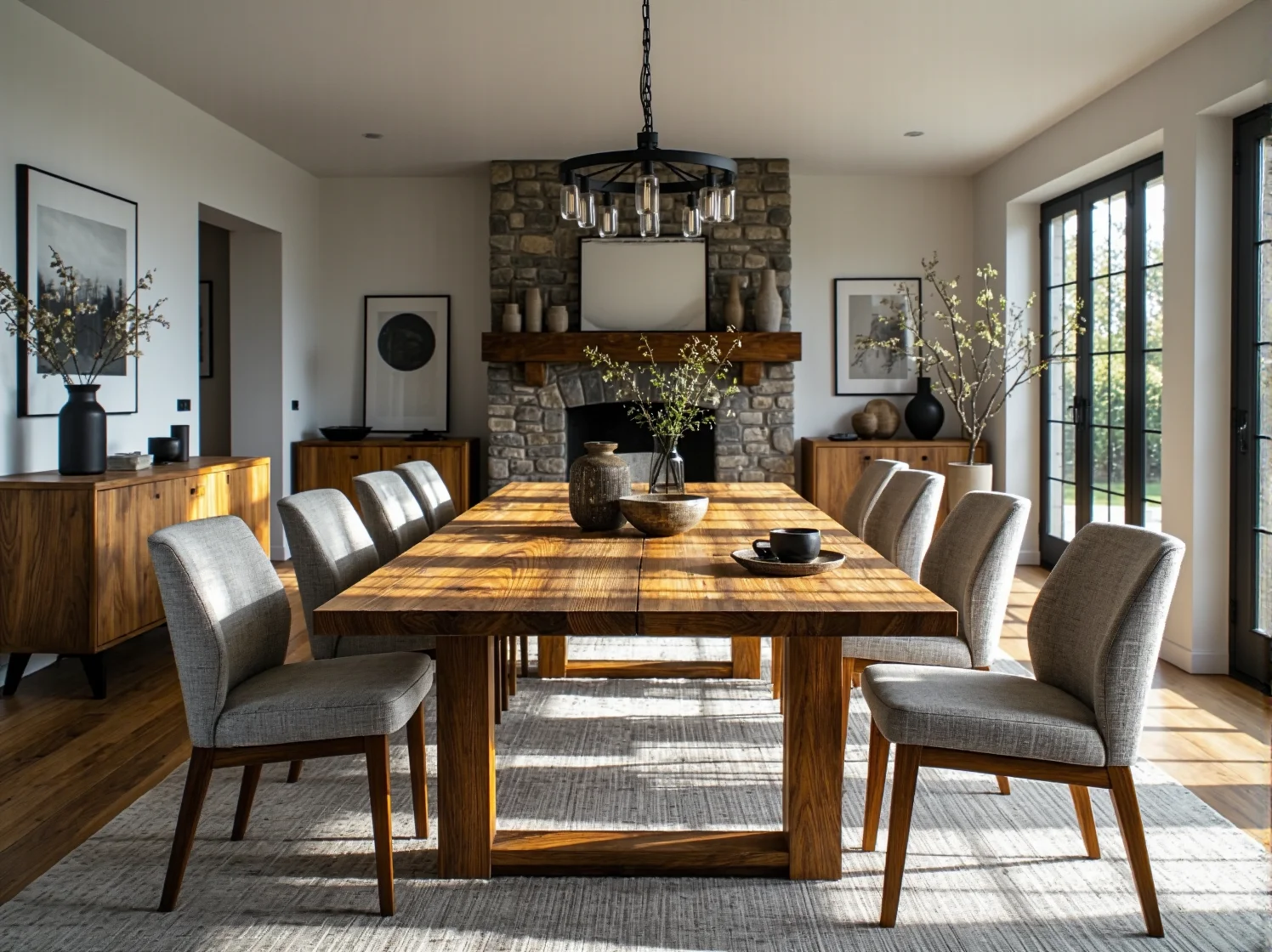 Duży drewniany stół jadalniany dębowy z tapicerowanymi krzesłami