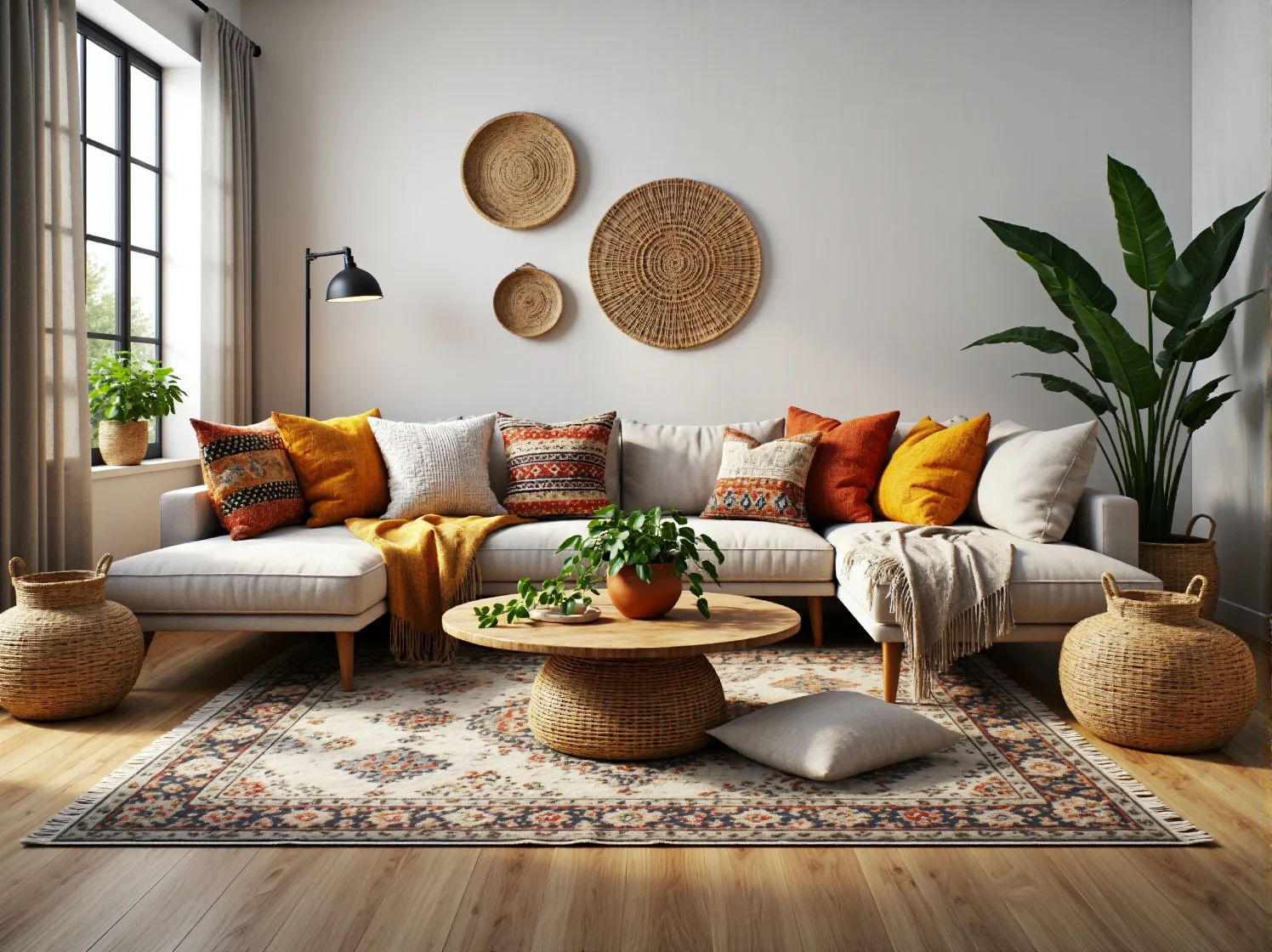 Narożnik tapicerowany beżowy z kolorowymi poduszkami dekoracyjnymi