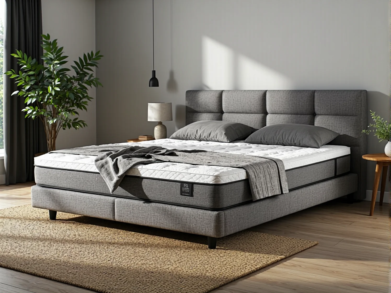 Tapicerowane łóżko kontynentalne szare z pikowanym zagłówkiem