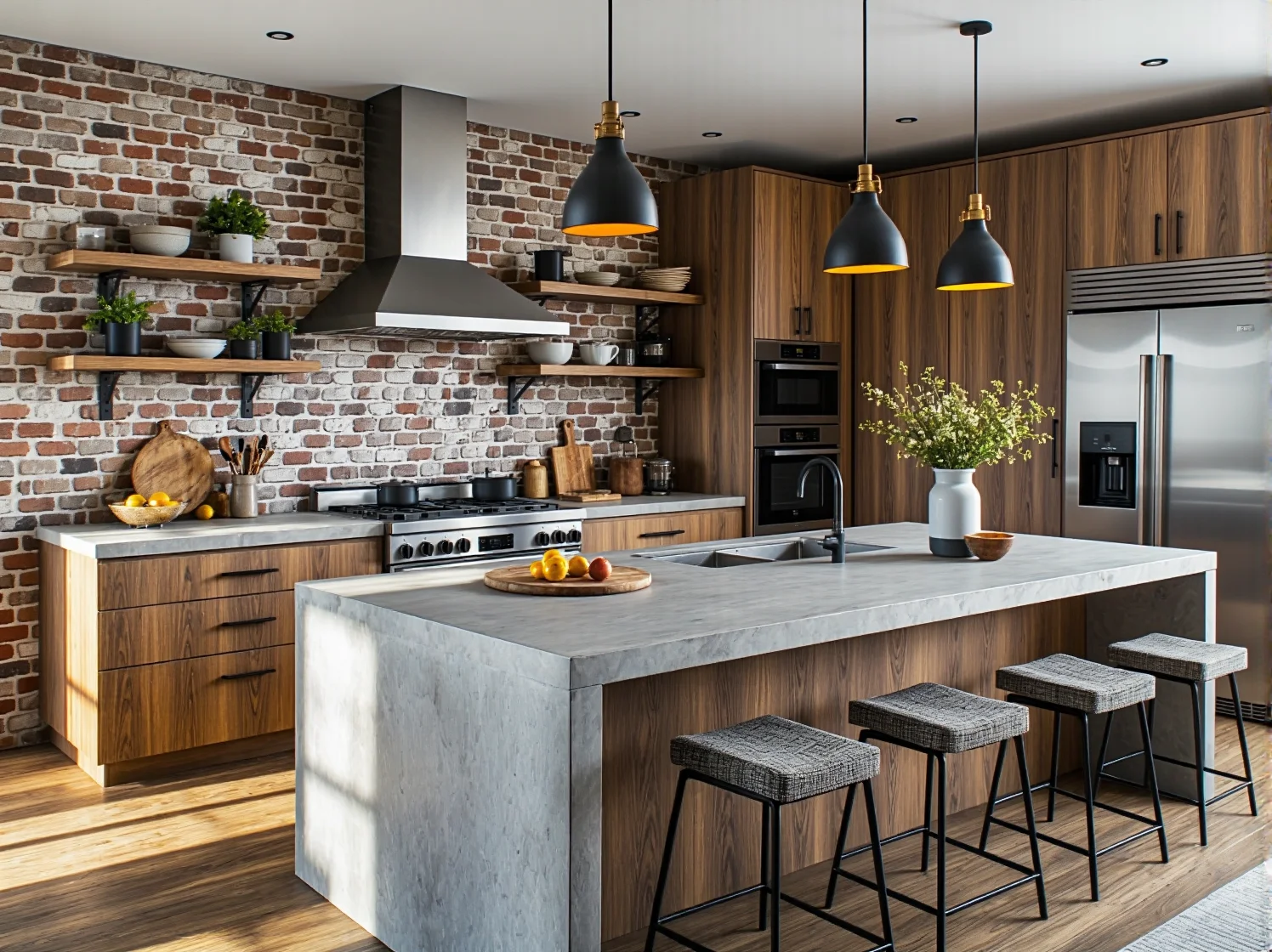 Meble z litego drewna i stali w przestronnym lofcie podkreślające surowy charakter przestrzeni