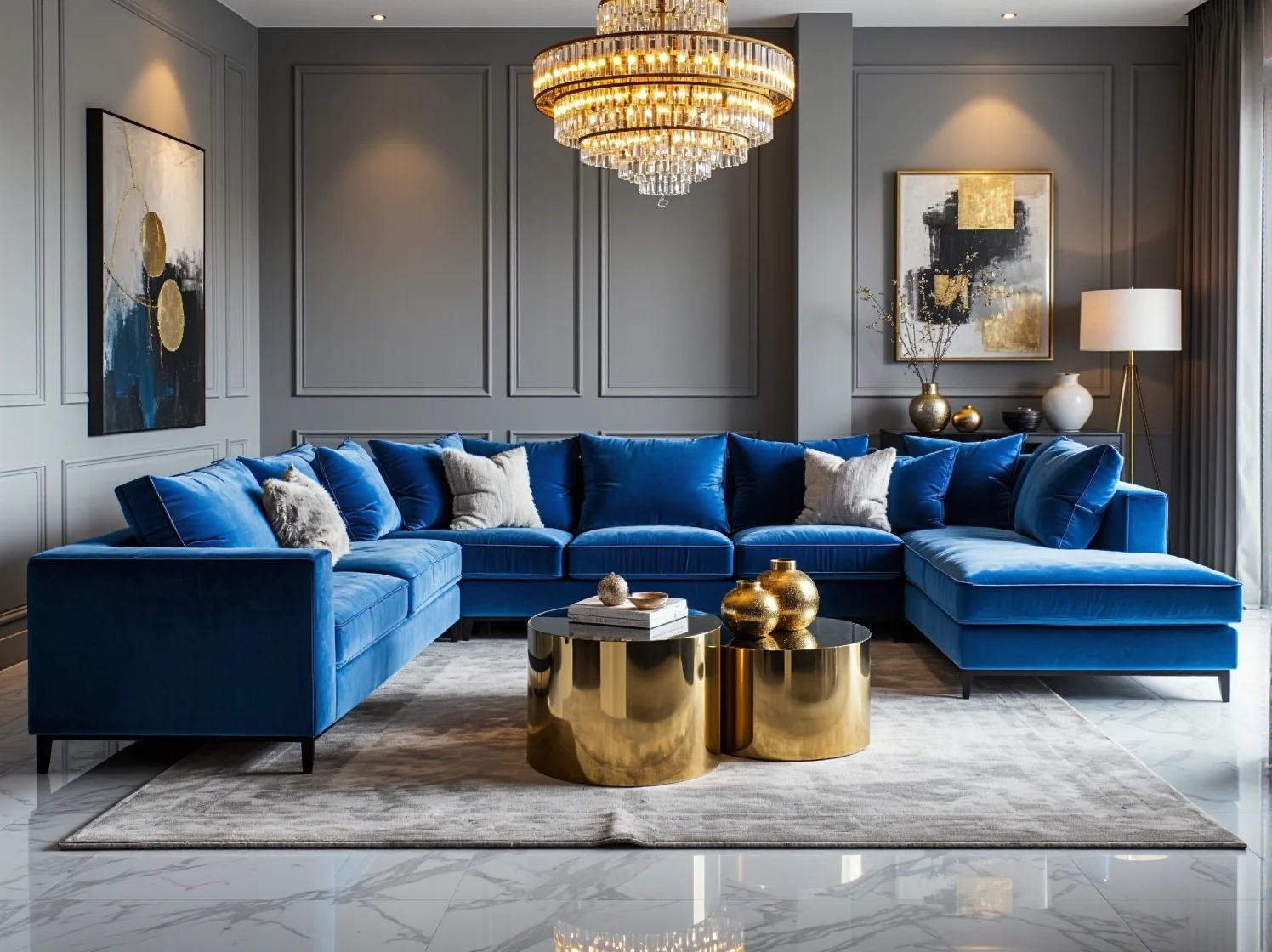 Narożnik tapicerowany niebieski welurowy z poduszkami dekoracyjnymi