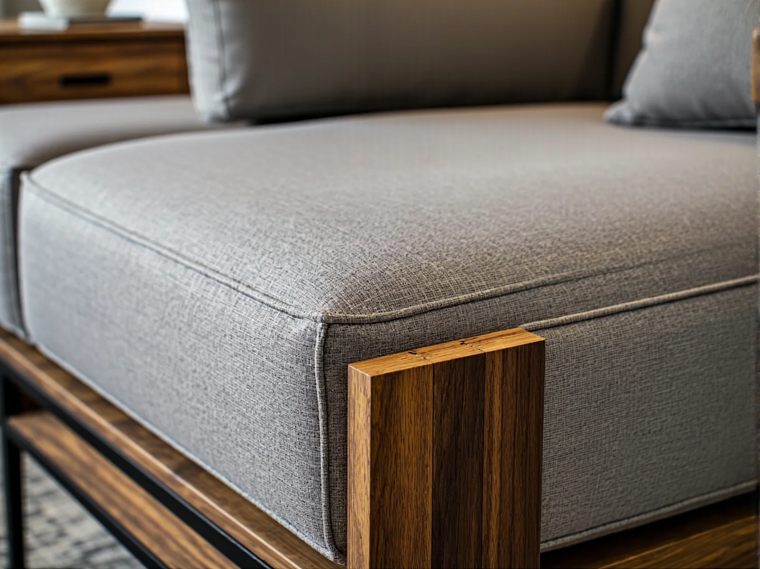 Szara sofa tapicerowana z drewnianym podłokietnikiem i metalową ramą