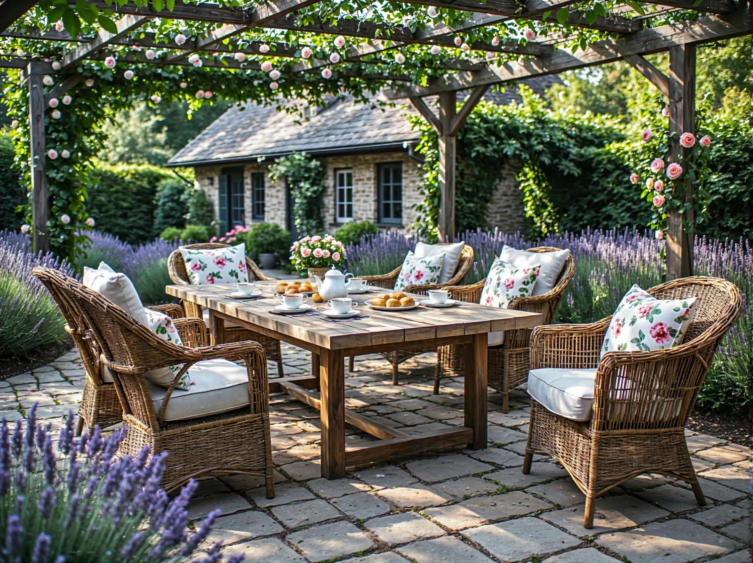 Drewniany stół ogrodowy z rattanowymi fotelami i poduszkami