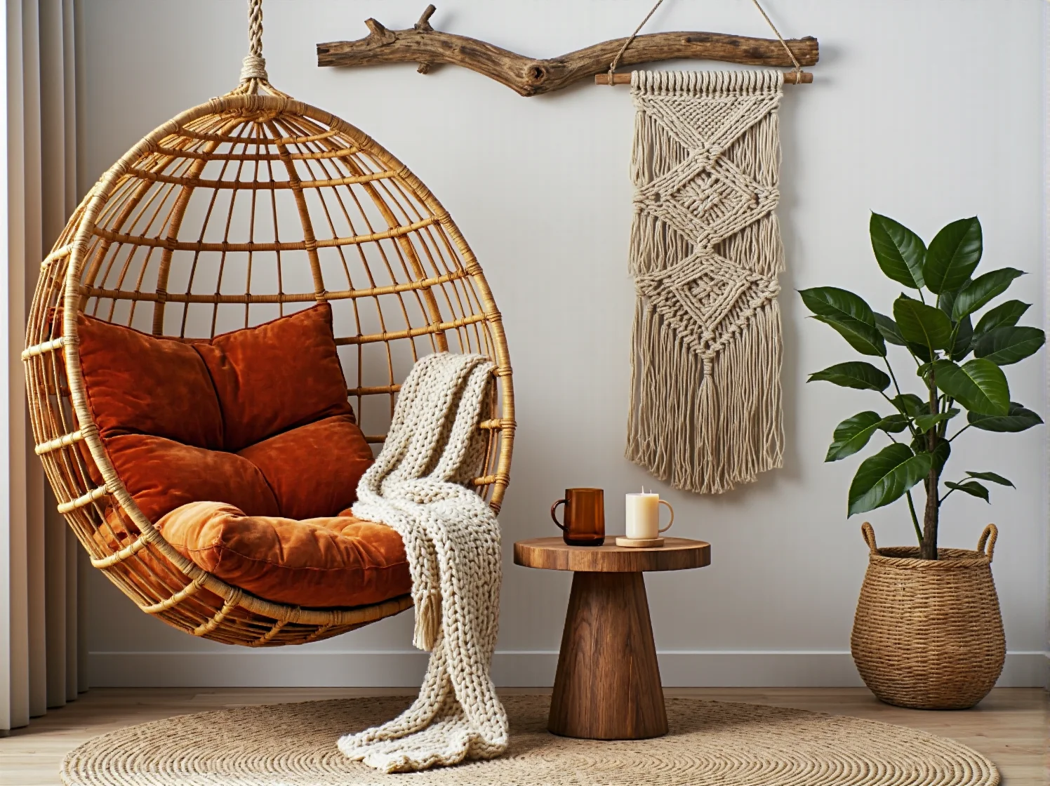 Kompaktowa sofa i meble z rattanu idealne do małego salonu boho.