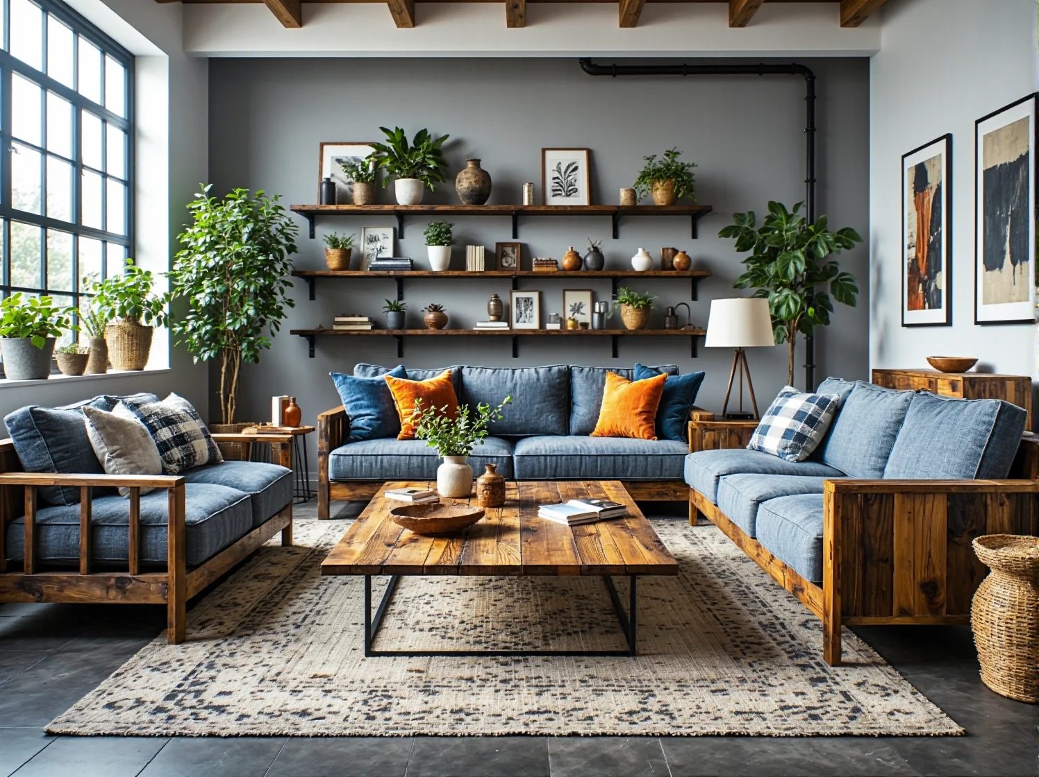 Komplet wypoczynkowy niebieski z drewnianą ramą i stolikiem kawowym