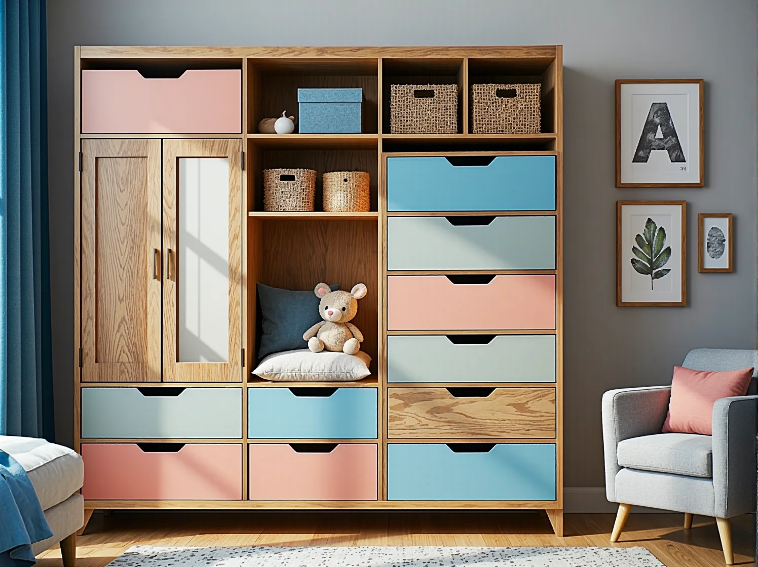 Drewniane półki pełne naturalnych zabawek w ekologicznym pokoju dziecięcym.